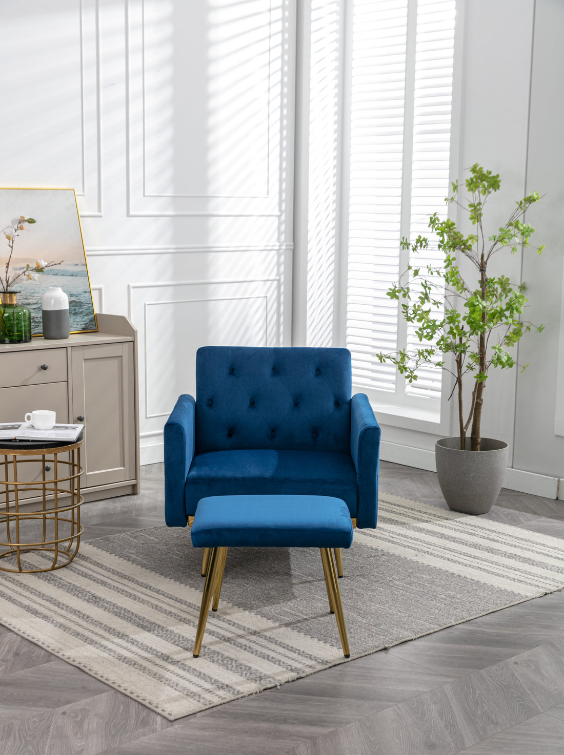 Coolmore Velvet Accent Chair With Adjustable Armrests And Backrest, Button Tufted Lounge Chair, Single Recliner Armchair With Ottoman Navy Metal