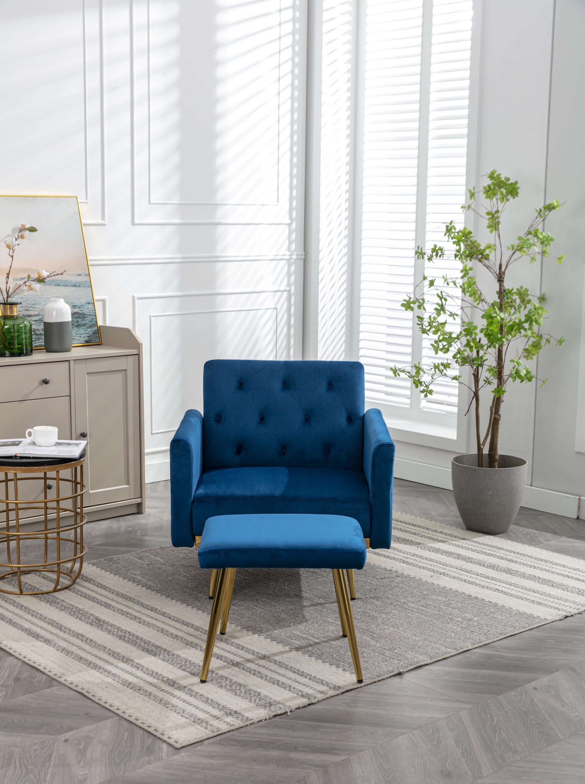 Coolmore Velvet Accent Chair With Adjustable Armrests And Backrest, Button Tufted Lounge Chair, Single Recliner Armchair With Ottoman Navy Metal