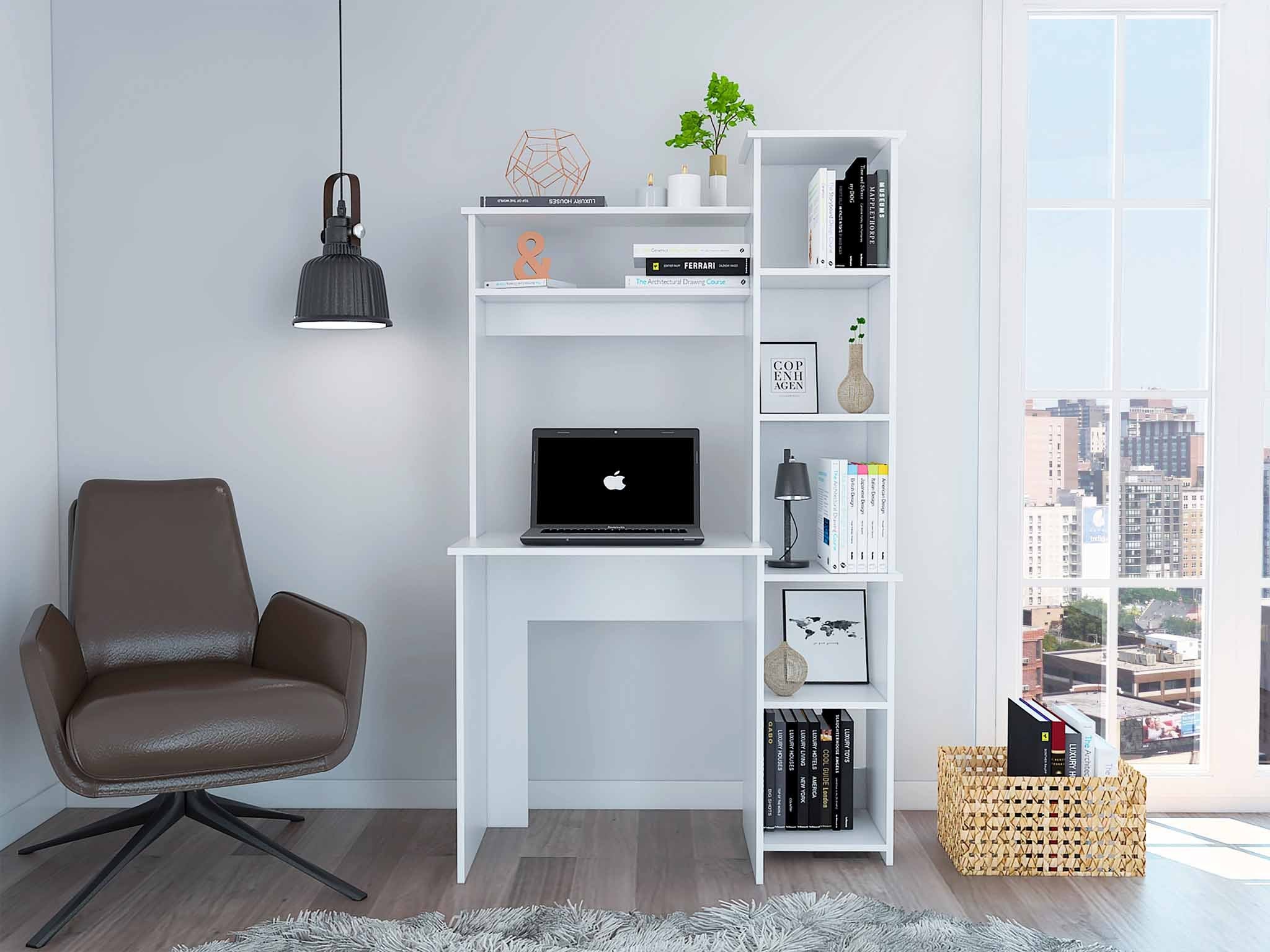 White 6 Shelf Writing Desk With Built In Bookcase White Particle Board