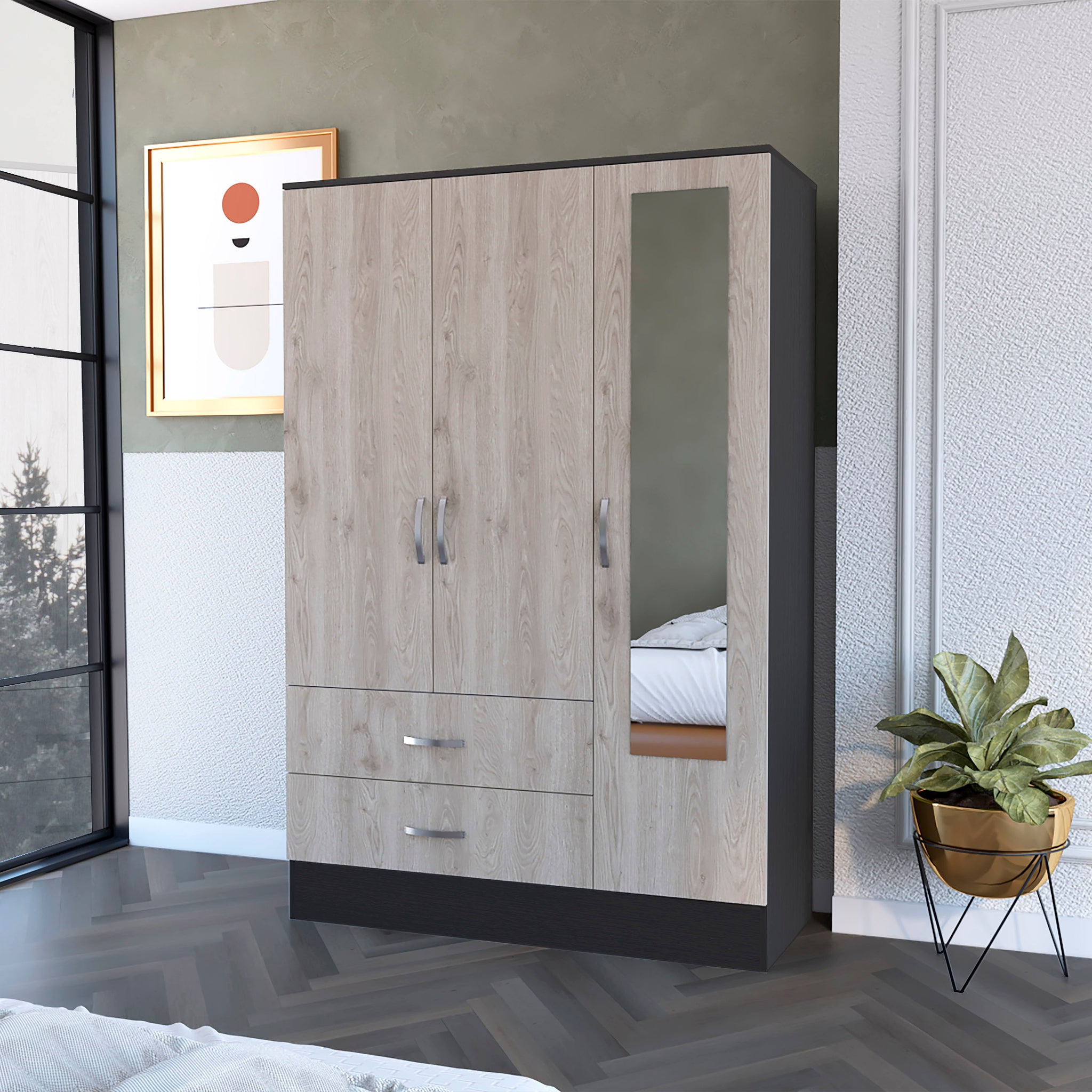 Black Rock 2 Drawer Small Armoire With Mirror Door Black Wengue And Light Gray Beige Particle Board