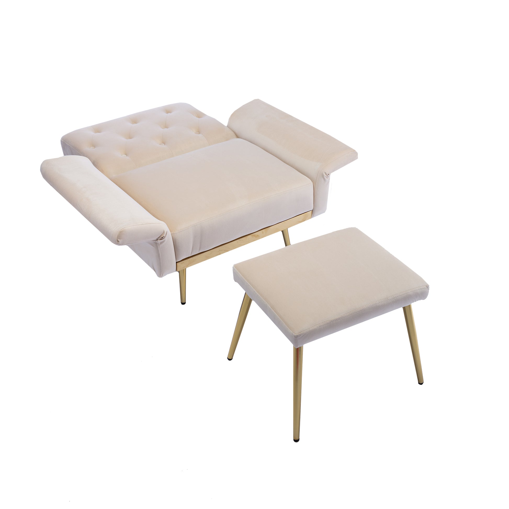 Coolmore Velvet Accent Chair With Adjustable Armrests And Backrest, Button Tufted Lounge Chair, Single Recliner Armchair With Ottoman Beige Metal