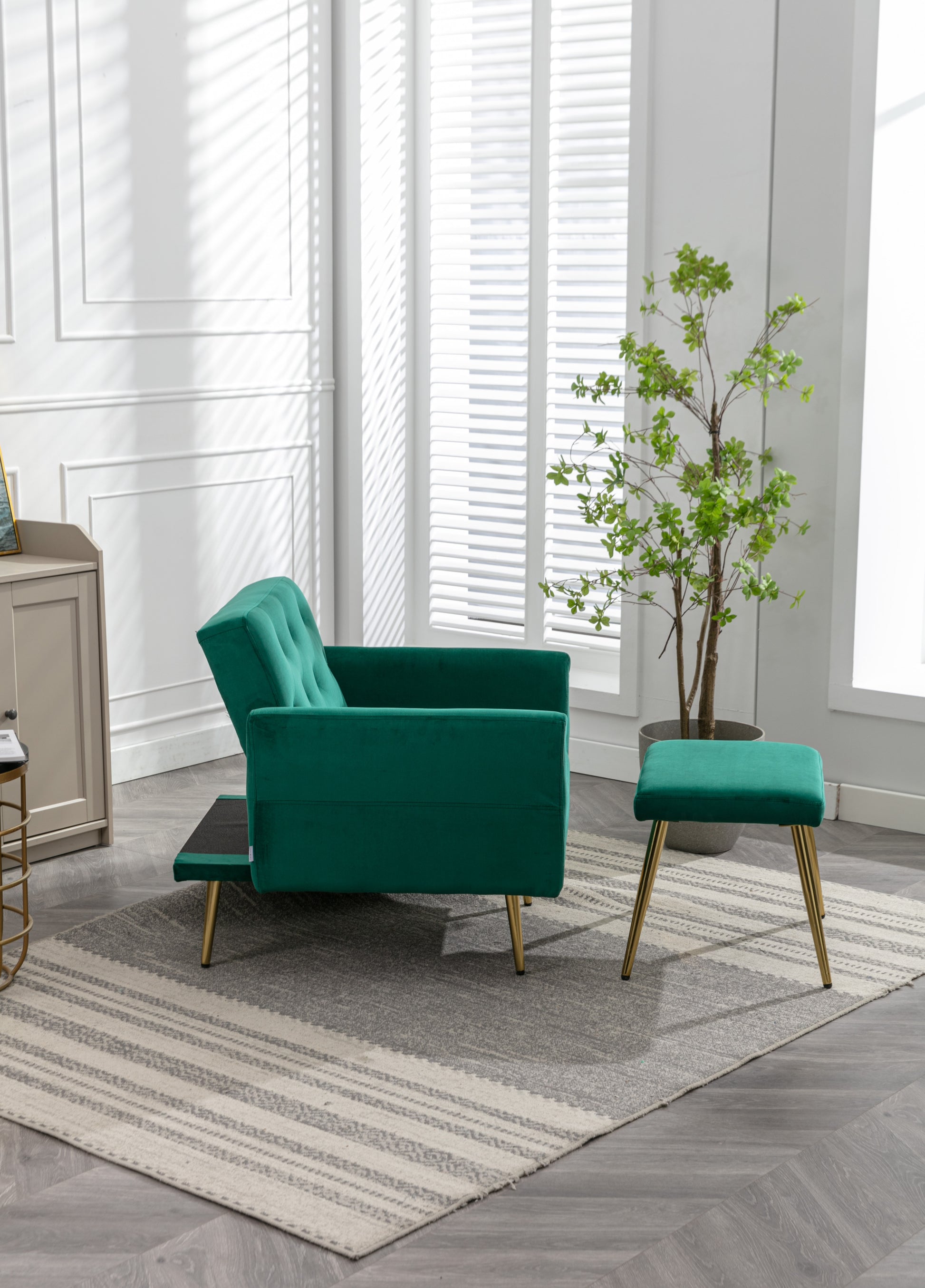 Coolmore Velvet Accent Chair With Adjustable Armrests And Backrest, Button Tufted Lounge Chair, Single Recliner Armchair With Ottoman Green Metal