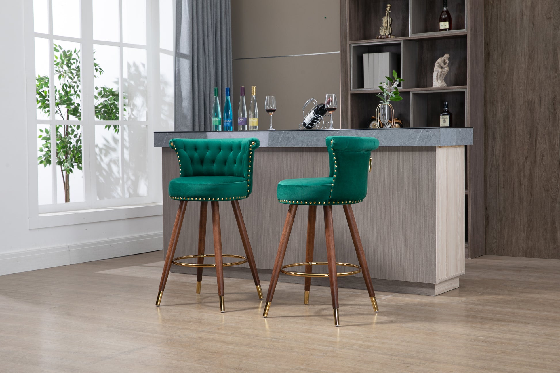Coolmore Swivel Bar Stools With Backrest Footrest With A Fixed Height Of 360 Degrees Emerald Solid Wood