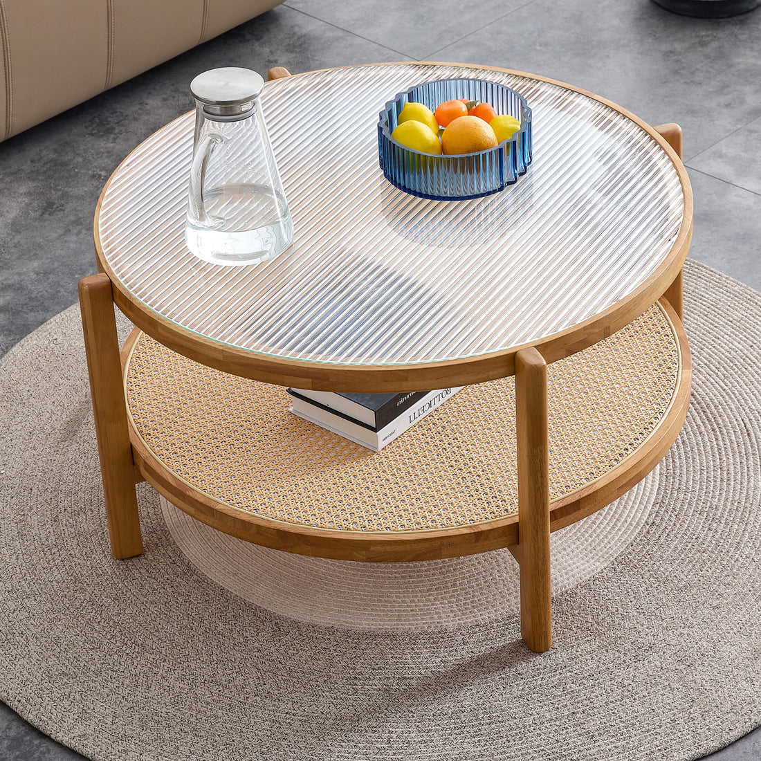 Modern Simple Circular Double Layer Solid Wood Tea Table Rattan Woven Chinese Side Table Small Round Table Suitable For Living Room, Dining Room And Bedroom Natural Wood Solid Wood