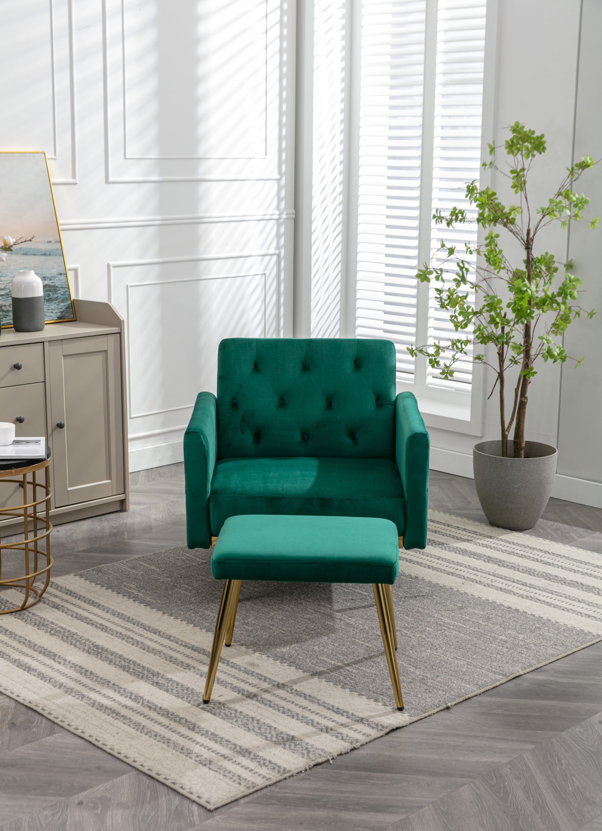 Coolmore Velvet Accent Chair With Adjustable Armrests And Backrest, Button Tufted Lounge Chair, Single Recliner Armchair With Ottoman Green Metal