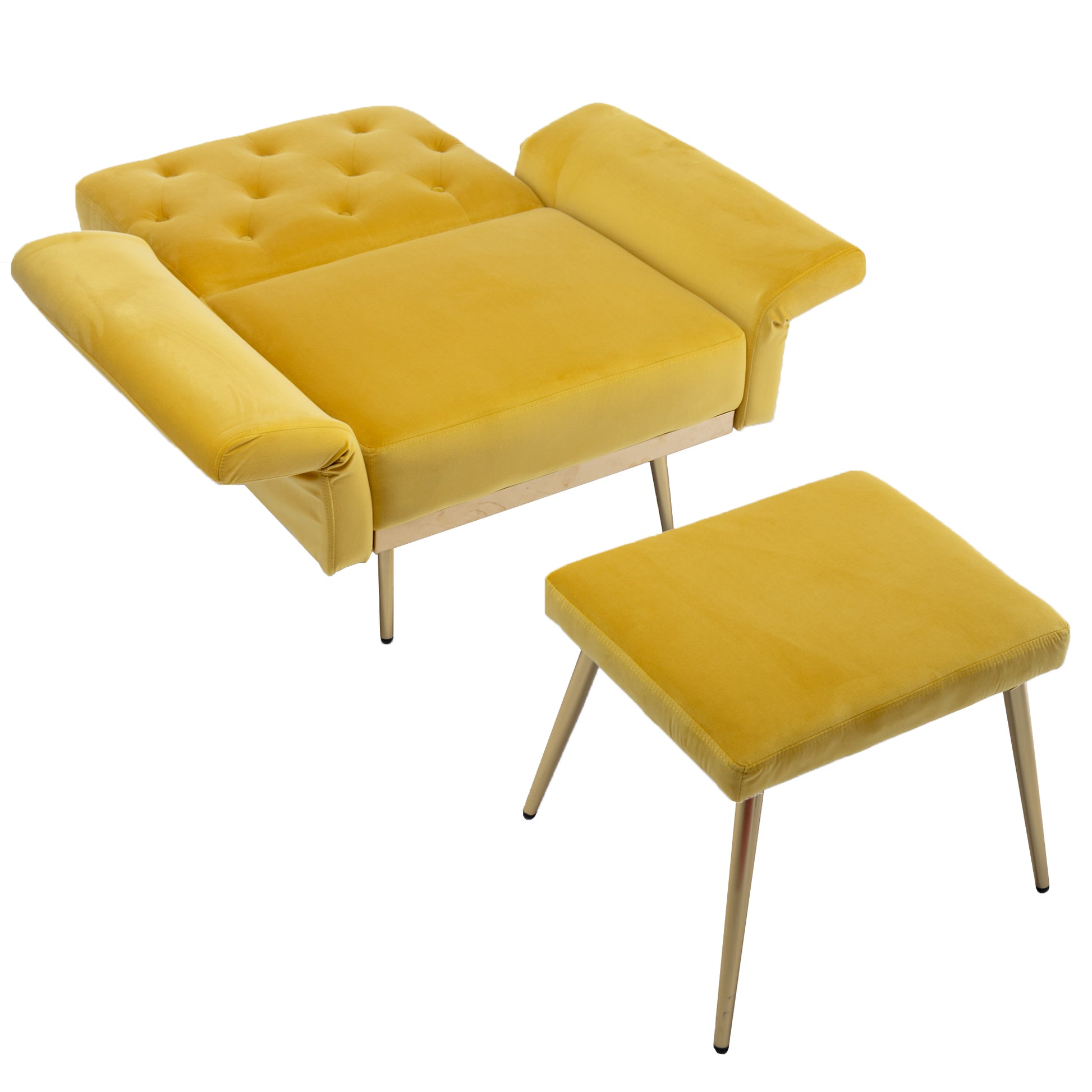 Coolmore Velvet Accent Chair With Adjustable Armrests And Backrest, Button Tufted Lounge Chair, Single Recliner Armchair With Ottoman Mustard Metal