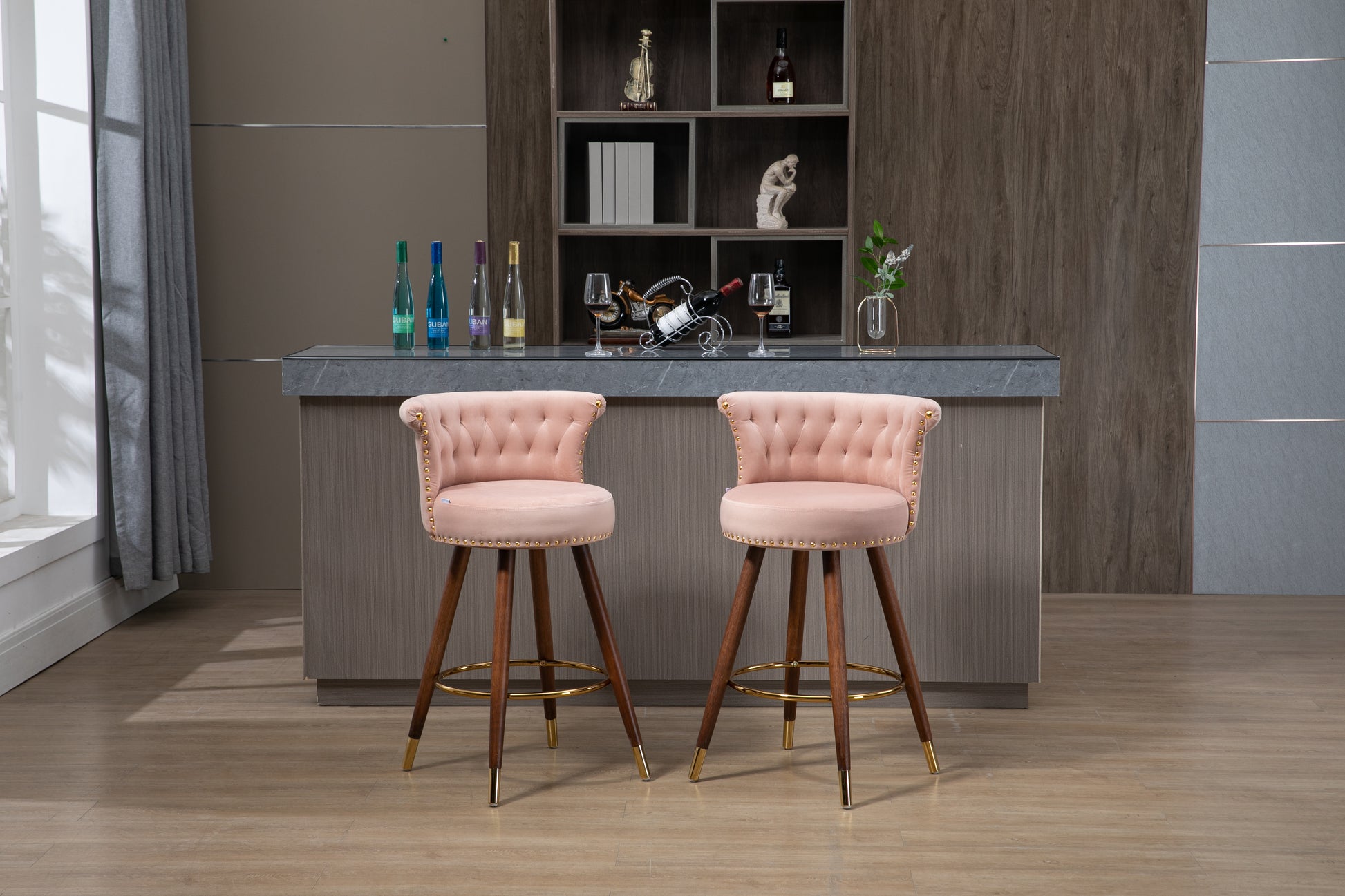Coolmore Swivel Bar Stools With Backrest Footrest With A Fixed Height Of 360 Degrees Pink Solid Wood