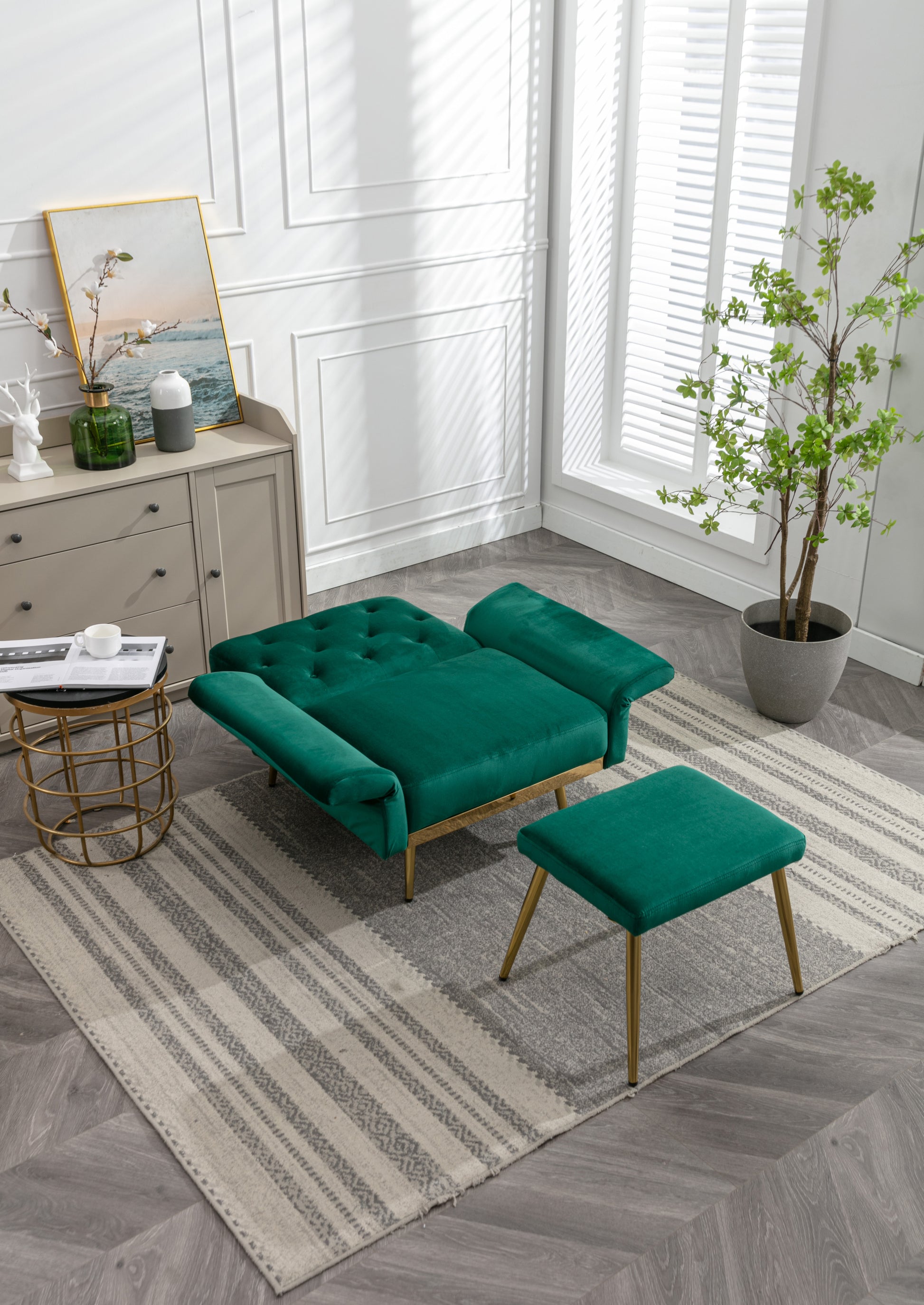 Coolmore Velvet Accent Chair With Adjustable Armrests And Backrest, Button Tufted Lounge Chair, Single Recliner Armchair With Ottoman Green Metal