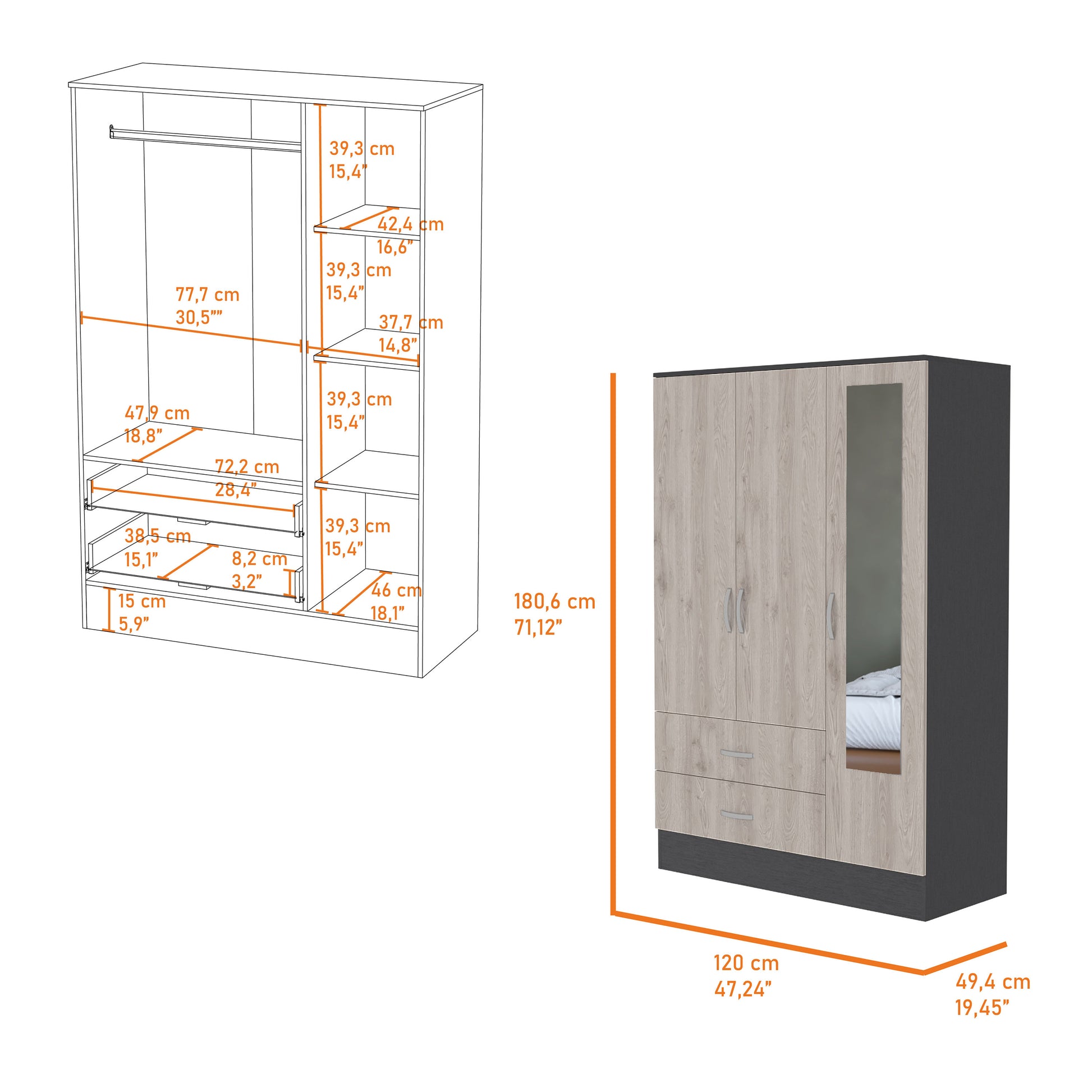 Black Rock 2 Drawer Small Armoire With Mirror Door Black Wengue And Light Gray Beige Particle Board