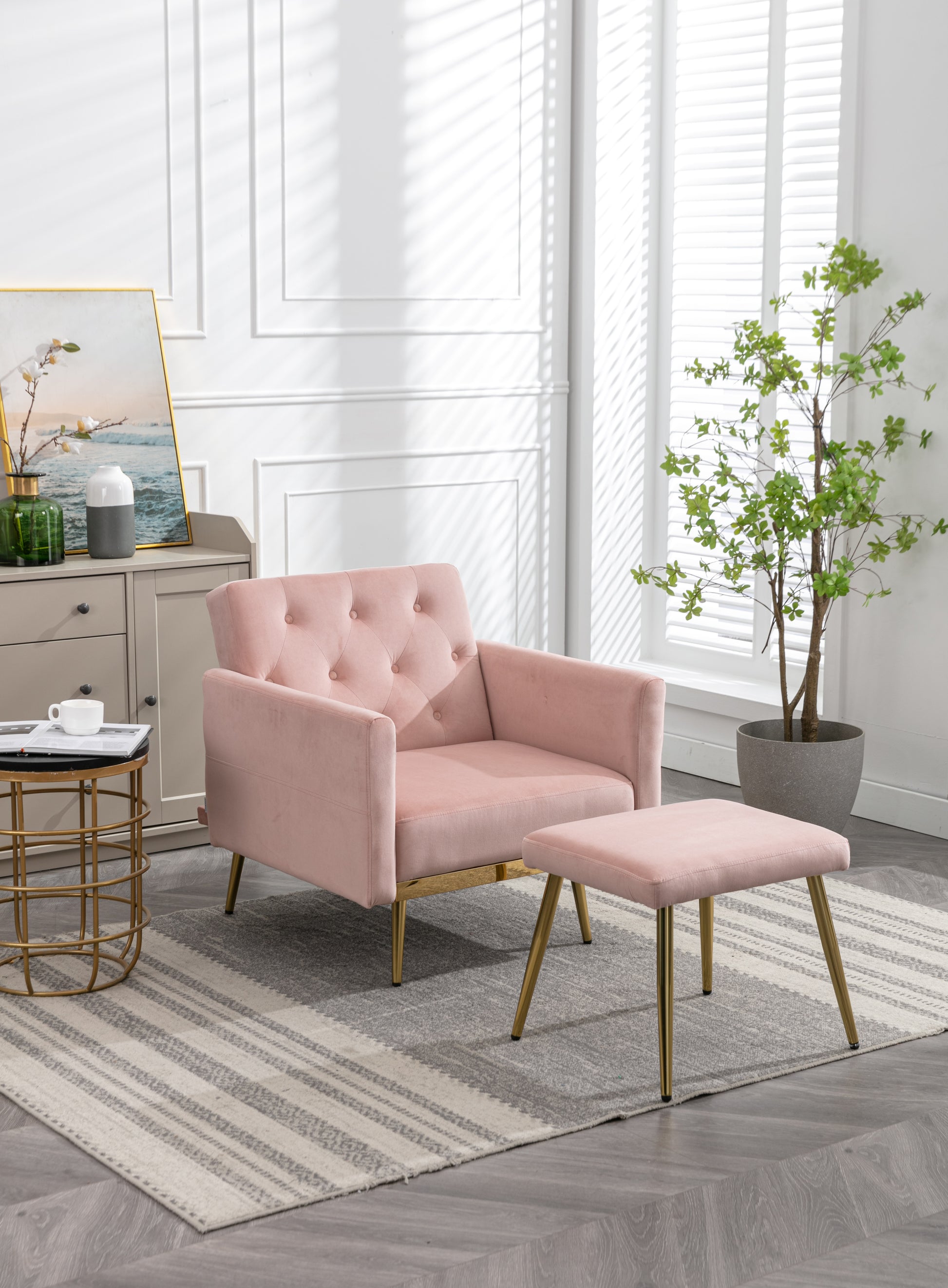 Coolmore Velvet Accent Chair With Adjustable Armrests And Backrest, Button Tufted Lounge Chair, Single Recliner Armchair With Ottoman Pink Metal
