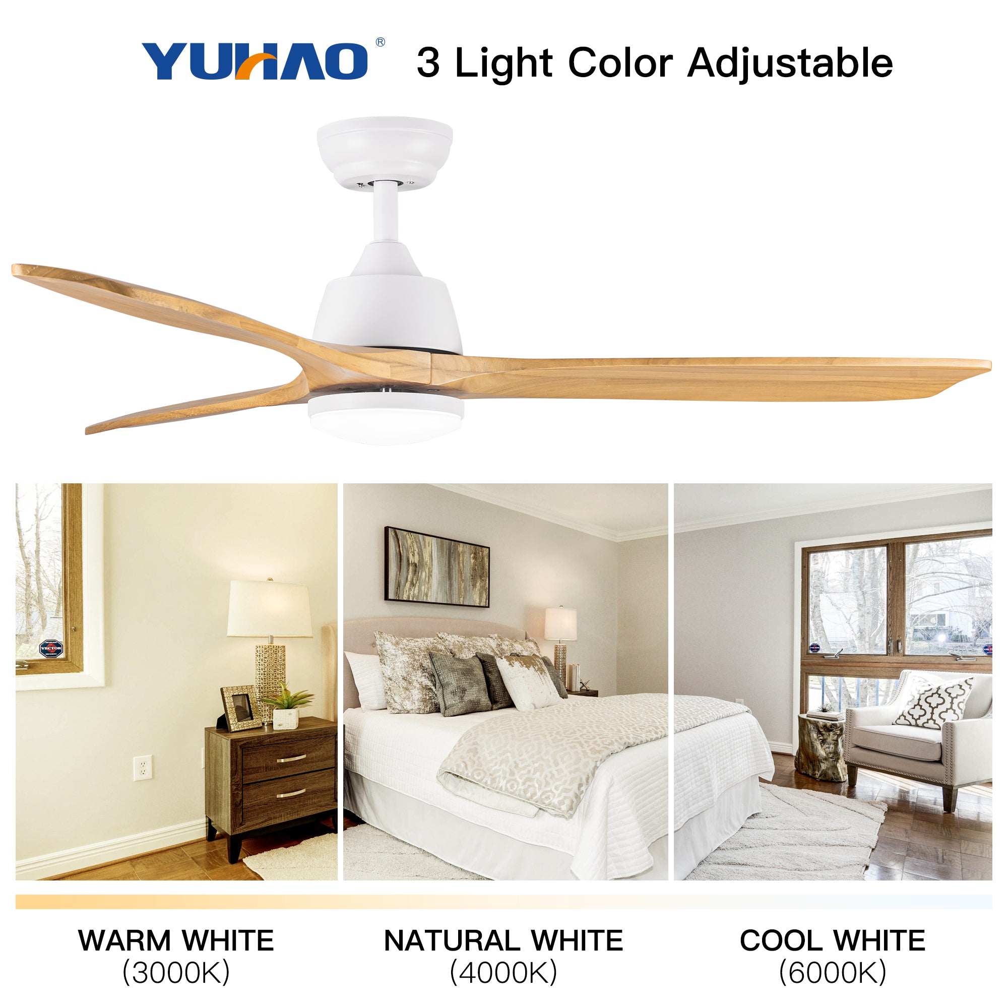 YUHAO 52 In.Intergrated LED Ceiling Fan Lighting with beige+yellow-abs