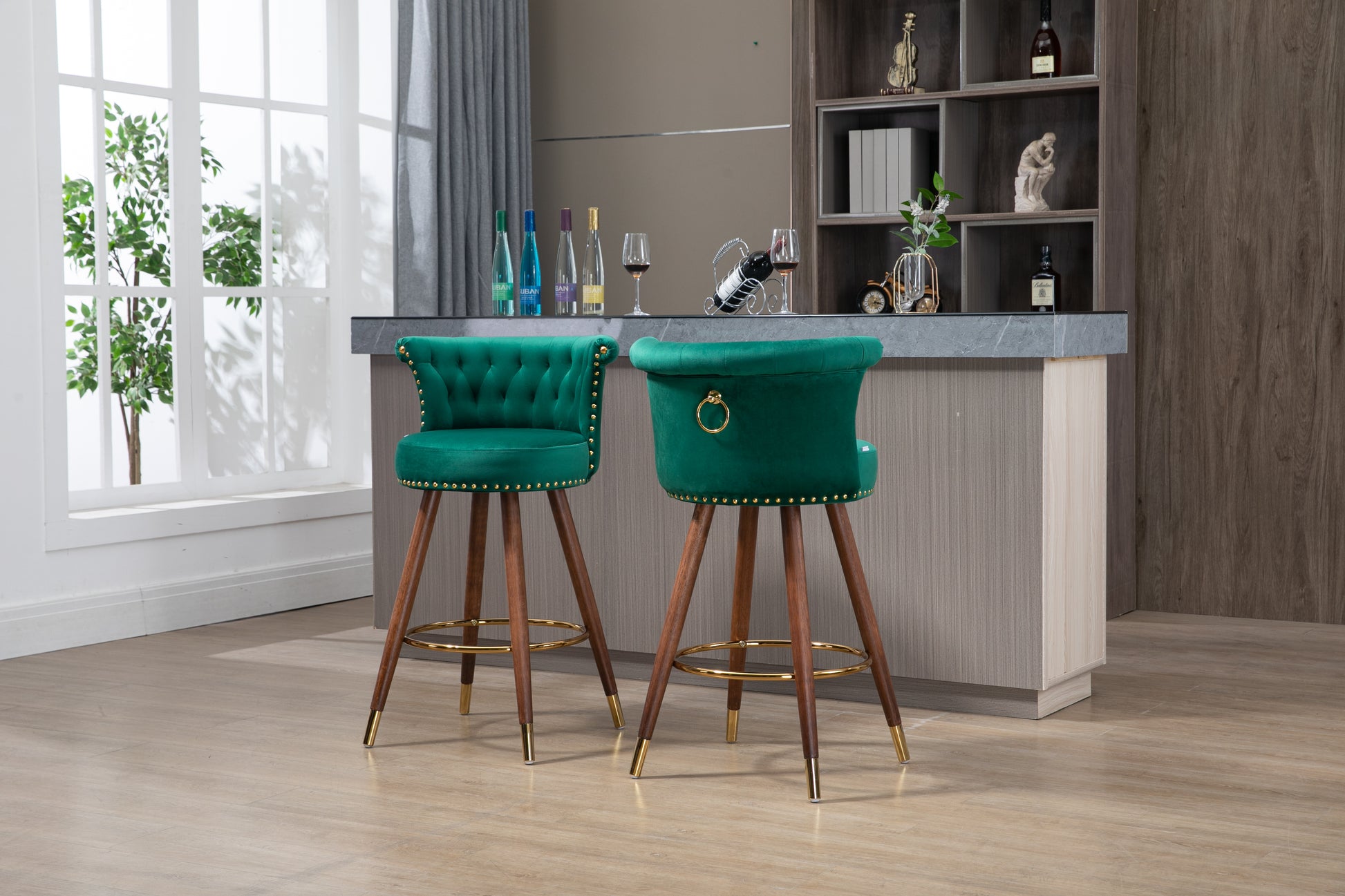 Coolmore Swivel Bar Stools With Backrest Footrest With A Fixed Height Of 360 Degrees Emerald Solid Wood