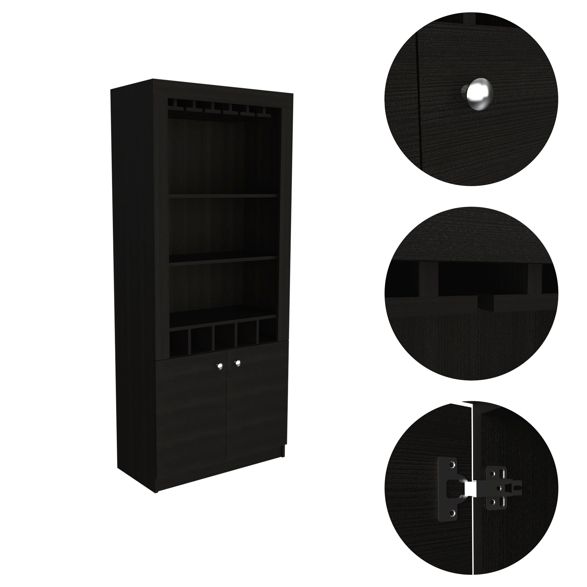 Black Wengue 3 Shelf Rectangle 5 Bottle Bar Cabinet Black Particle Board