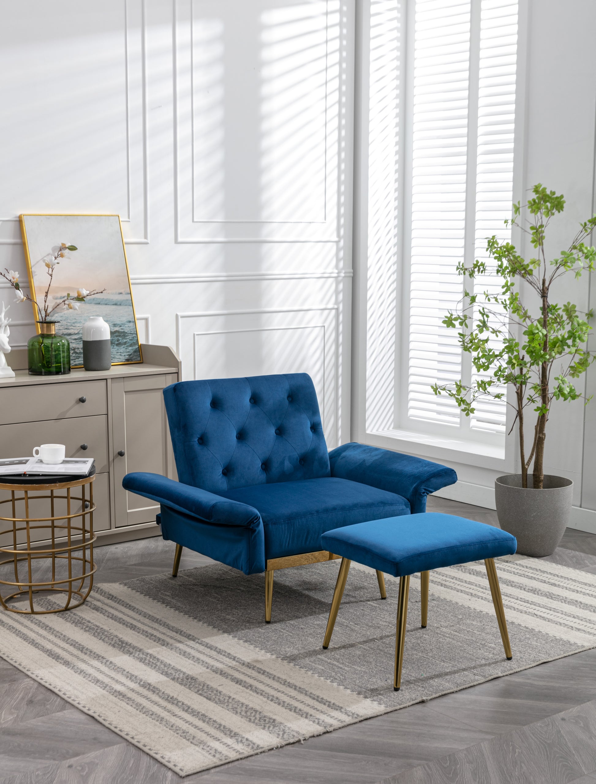 Coolmore Velvet Accent Chair With Adjustable Armrests And Backrest, Button Tufted Lounge Chair, Single Recliner Armchair With Ottoman Navy Metal