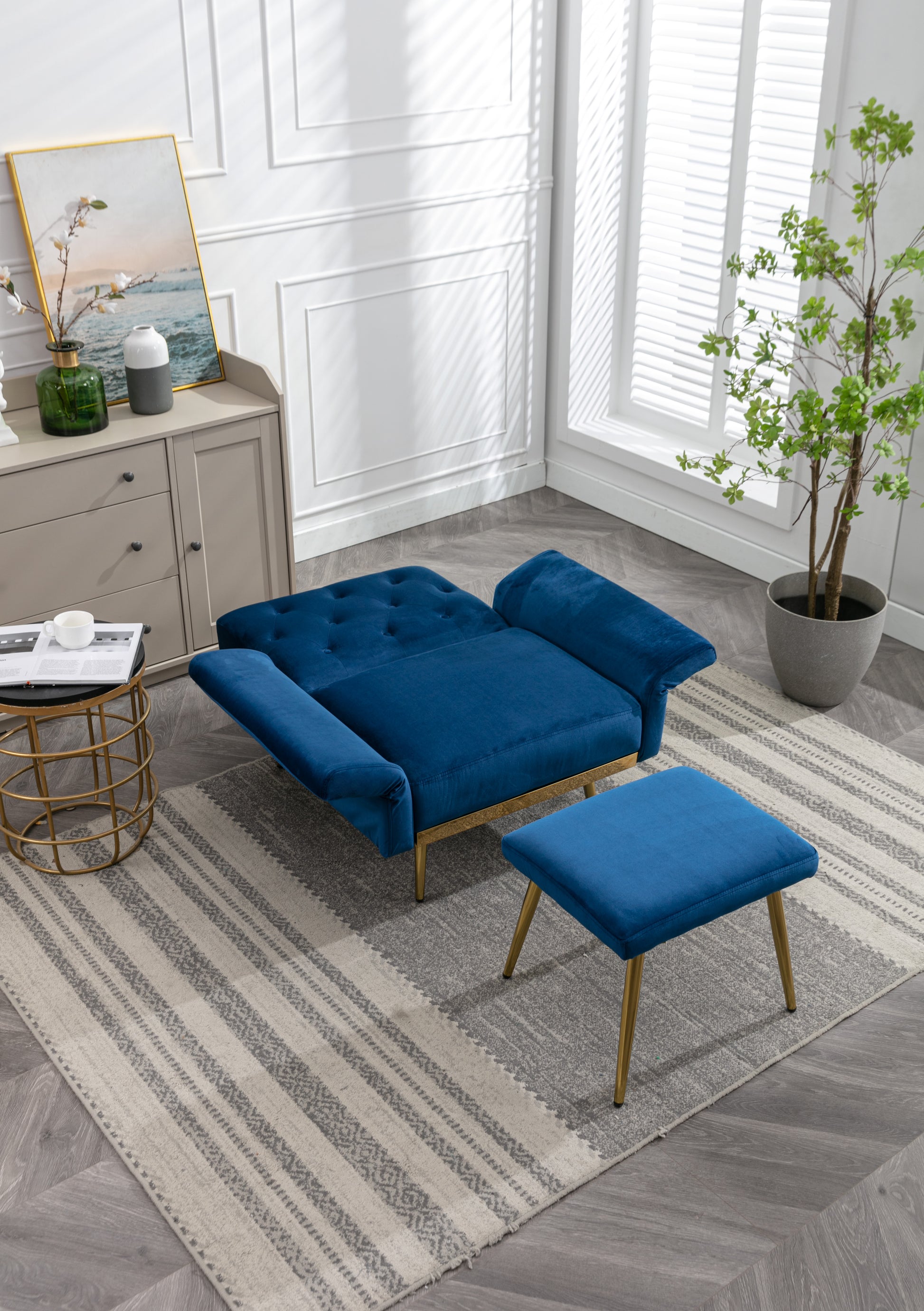 Coolmore Velvet Accent Chair With Adjustable Armrests And Backrest, Button Tufted Lounge Chair, Single Recliner Armchair With Ottoman Navy Metal