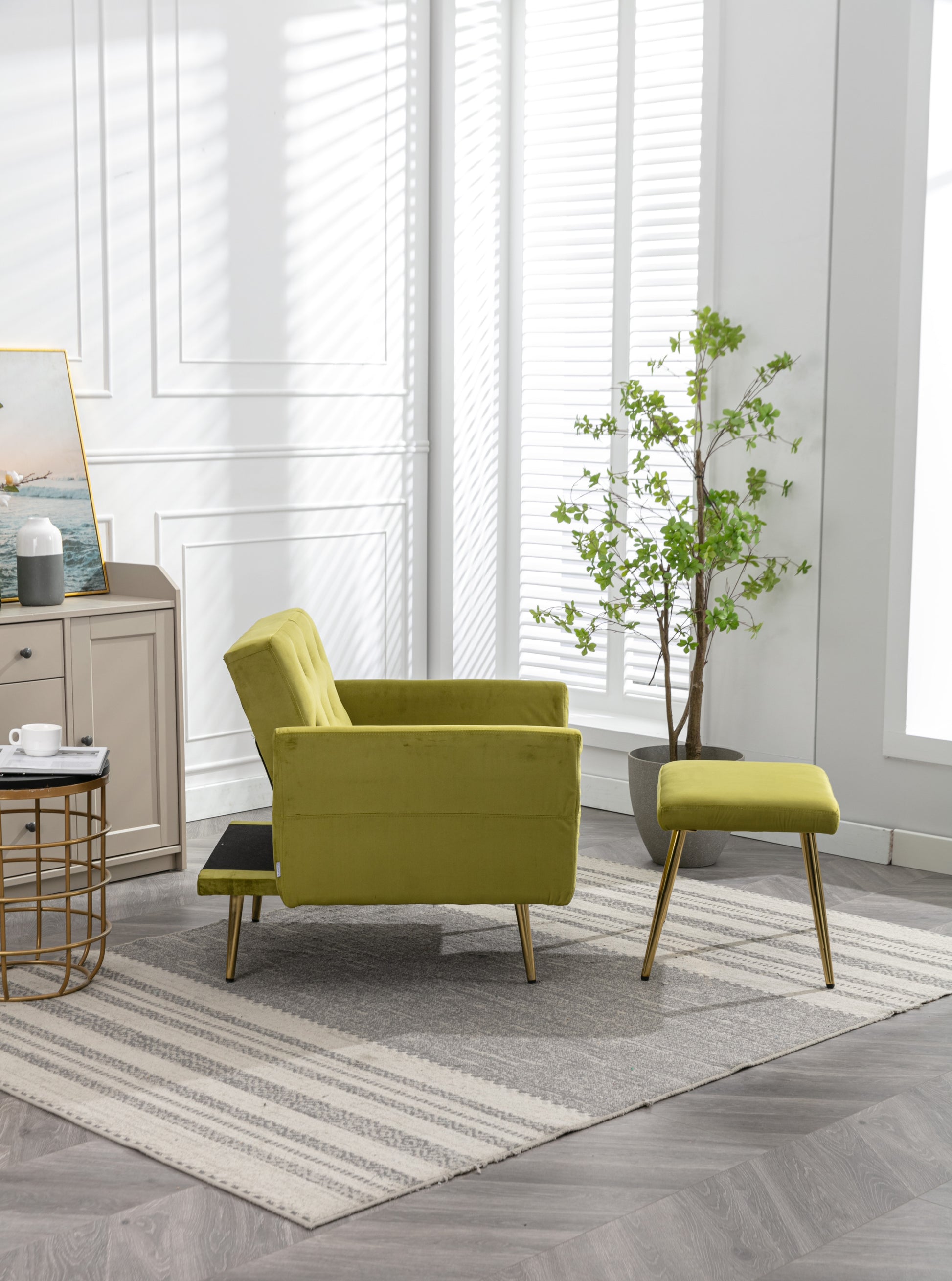 Coolmore Velvet Accent Chair With Adjustable Armrests And Backrest, Button Tufted Lounge Chair, Single Recliner Armchair With Ottoman Olive Green Metal