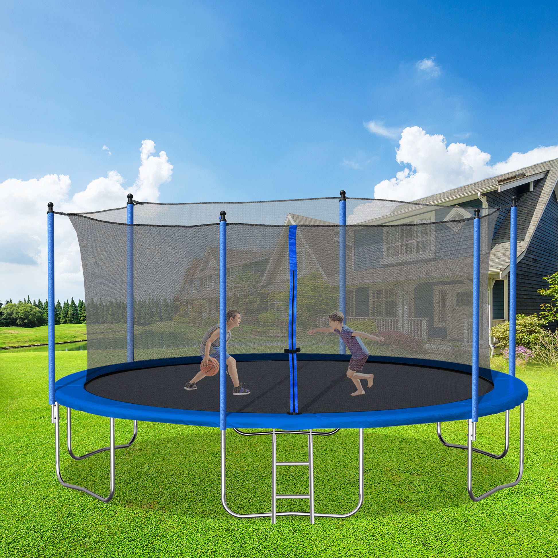 14Ft Trampoline With Safety Enclosure Net,Heavy Duty Jumping Mat And Spring Cover Padding For Kids And Adults, Ladder Blue Foam Iron Plastic