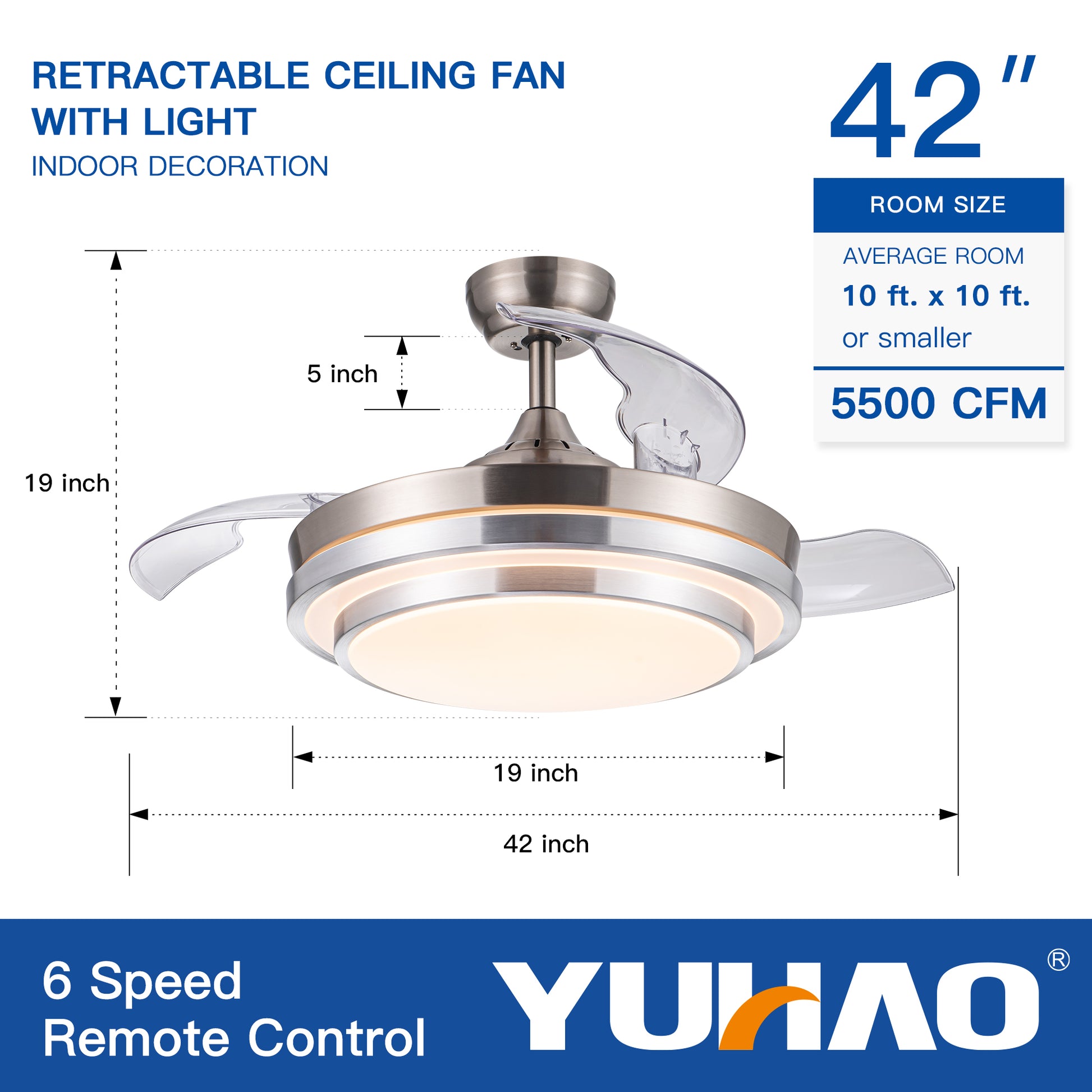 42 In. Retractable Ceiling Fan With Remote Control Brushed Nickel Abs Pc