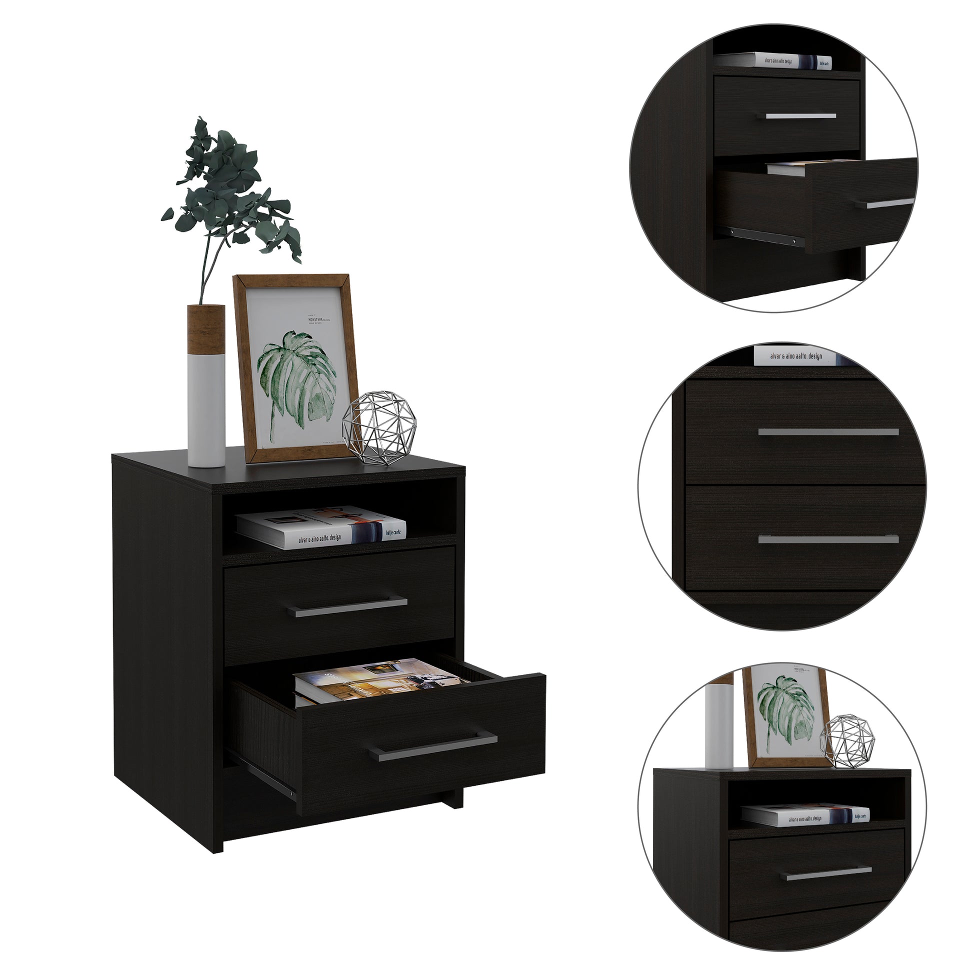 Rowley 2 Drawer 1 Shelf Rectangle Nightstand Black Wengue Black Particle Board