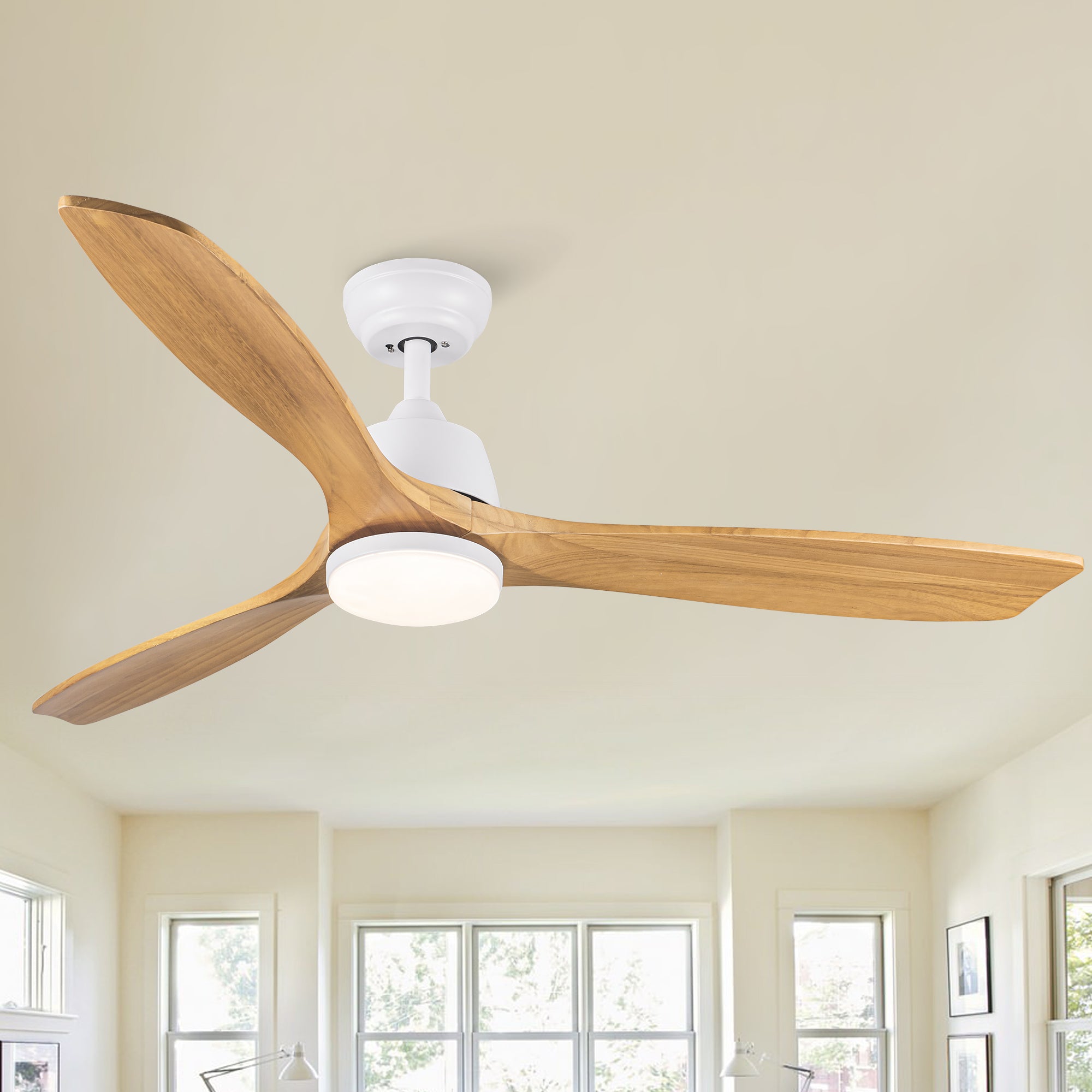 Yuhao 52 In.Intergrated Led Ceiling Fan Lighting With Remote Control Beige Yellow Solid Wood