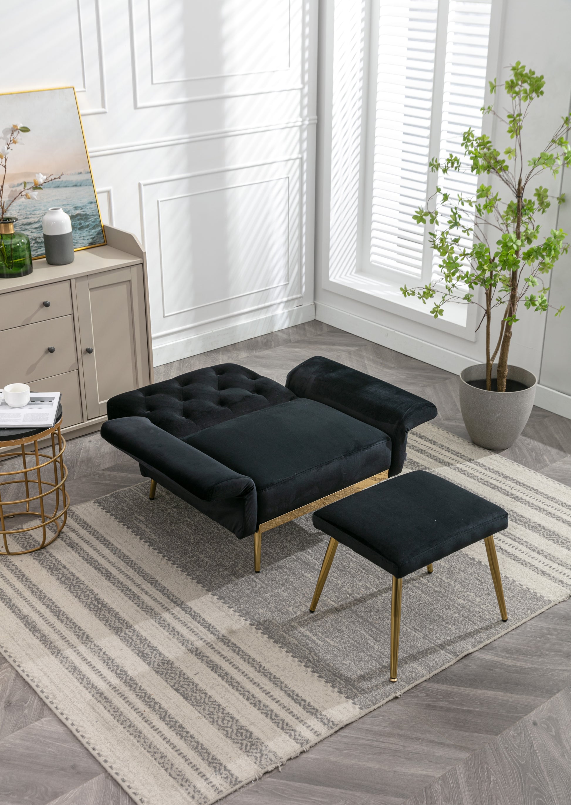 Coolmore Velvet Accent Chair With Adjustable Armrests And Backrest, Button Tufted Lounge Chair, Single Recliner Armchair With Ottoman Black Metal