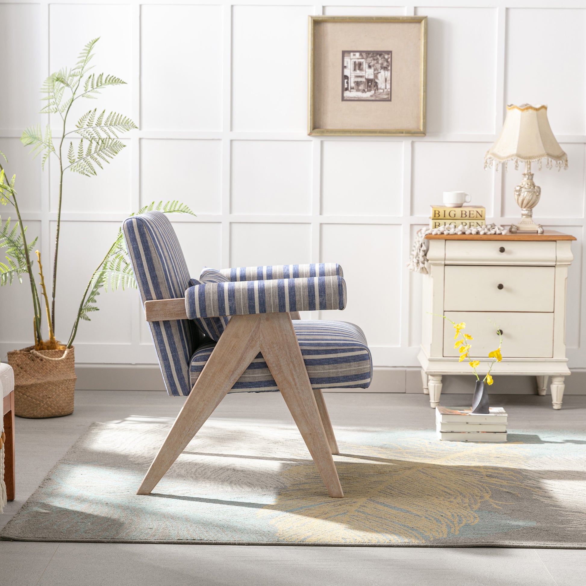 Accent Chair, Kd Rubber Wood Legs With Black Finish. Fabric Cover The Seat. With A Cushion.Blue Stripe Blue And White Stripes Foam Solid Wood