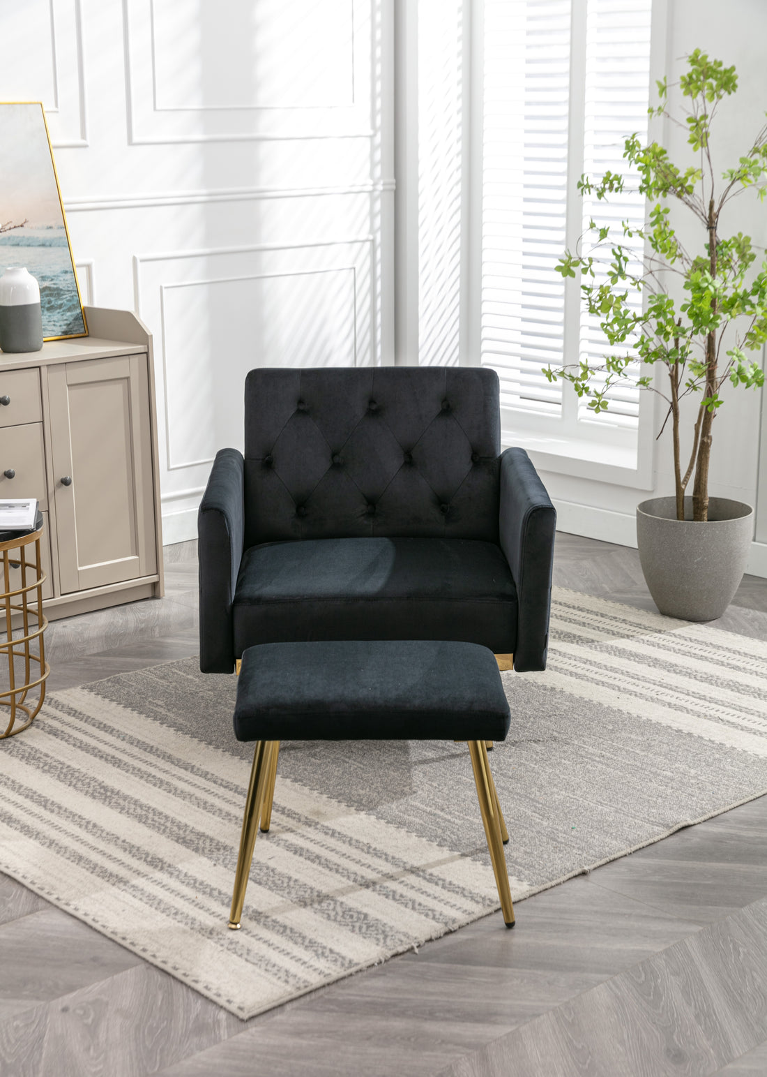 Coolmore Velvet Accent Chair With Adjustable Armrests And Backrest, Button Tufted Lounge Chair, Single Recliner Armchair With Ottoman Black Metal