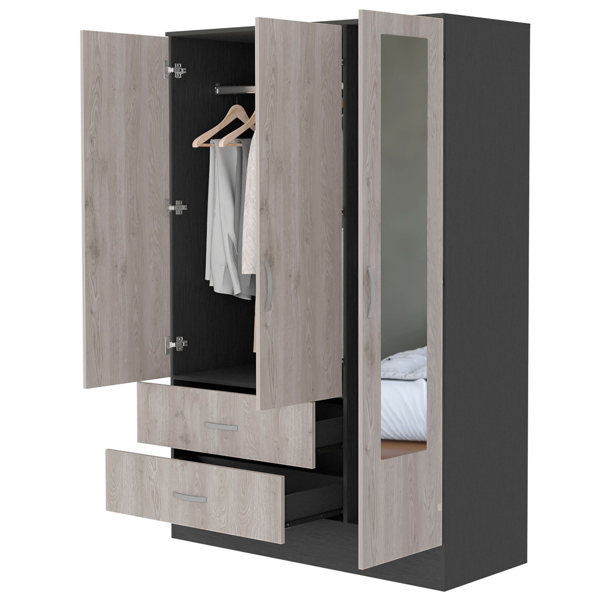 Black Rock 2 Drawer Small Armoire With Mirror Door Black Wengue And Light Gray Beige Particle Board