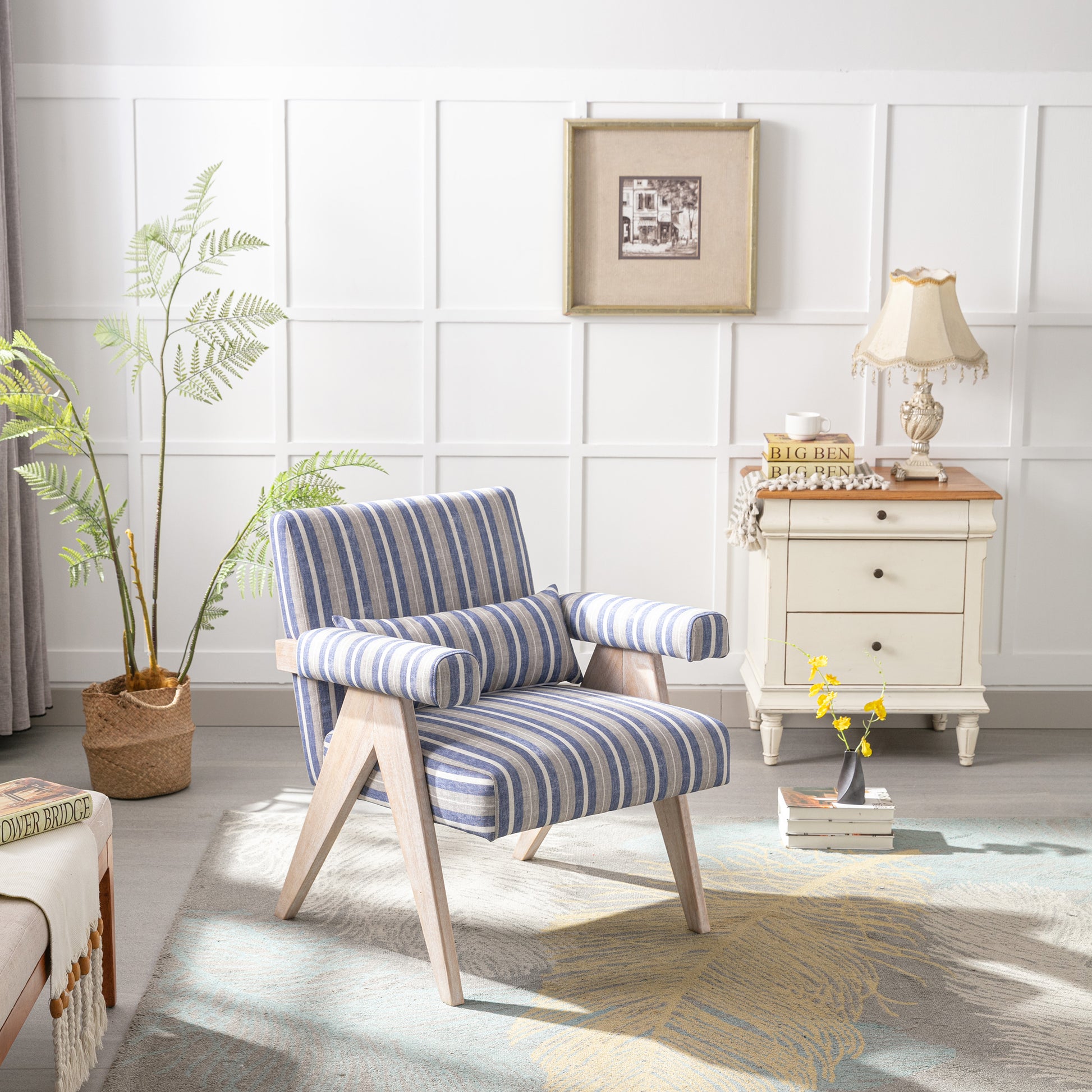 Accent Chair, Kd Rubber Wood Legs With Black Finish. Fabric Cover The Seat. With A Cushion.Blue Stripe Blue And White Stripes Foam Solid Wood