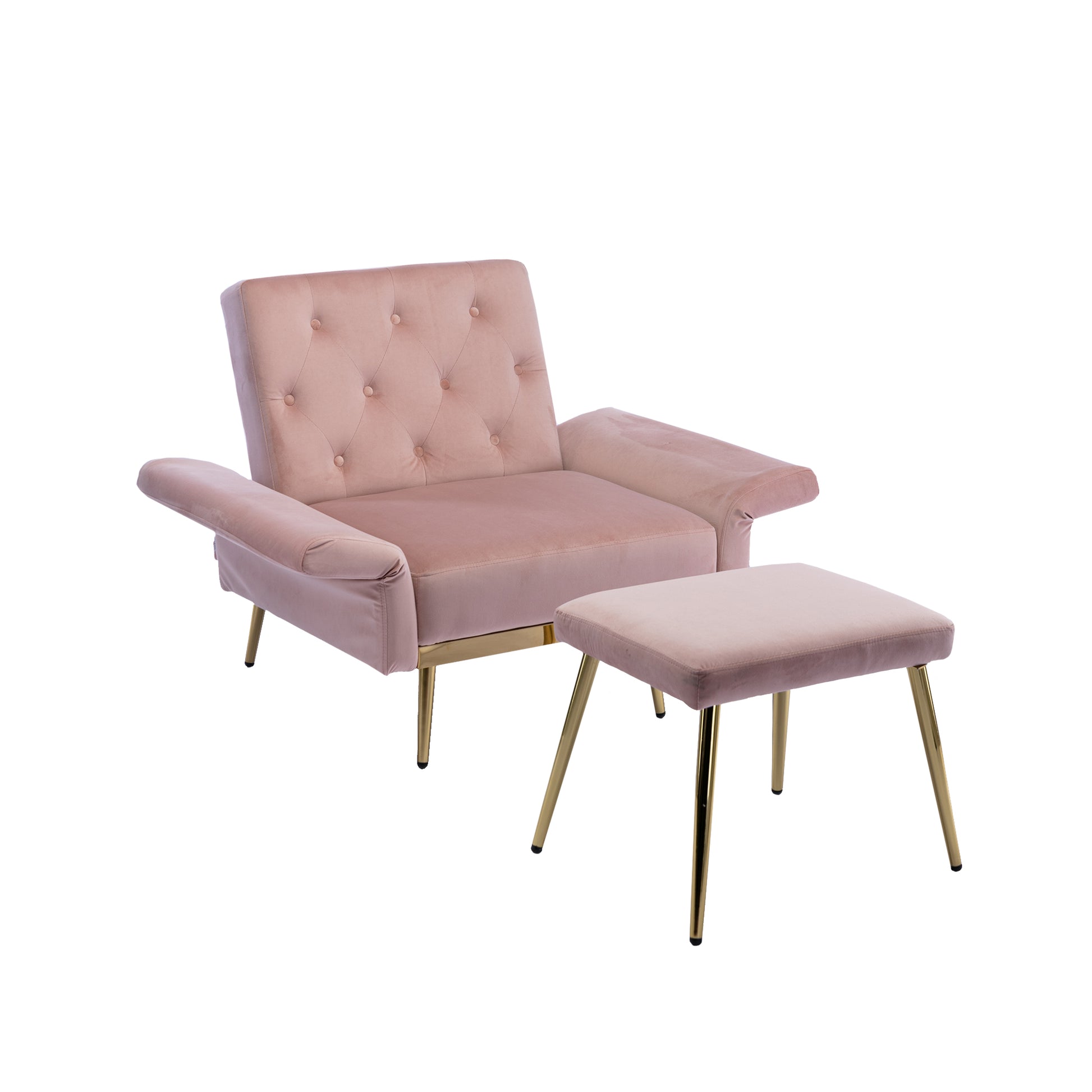 Coolmore Velvet Accent Chair With Adjustable Armrests And Backrest, Button Tufted Lounge Chair, Single Recliner Armchair With Ottoman Pink Metal