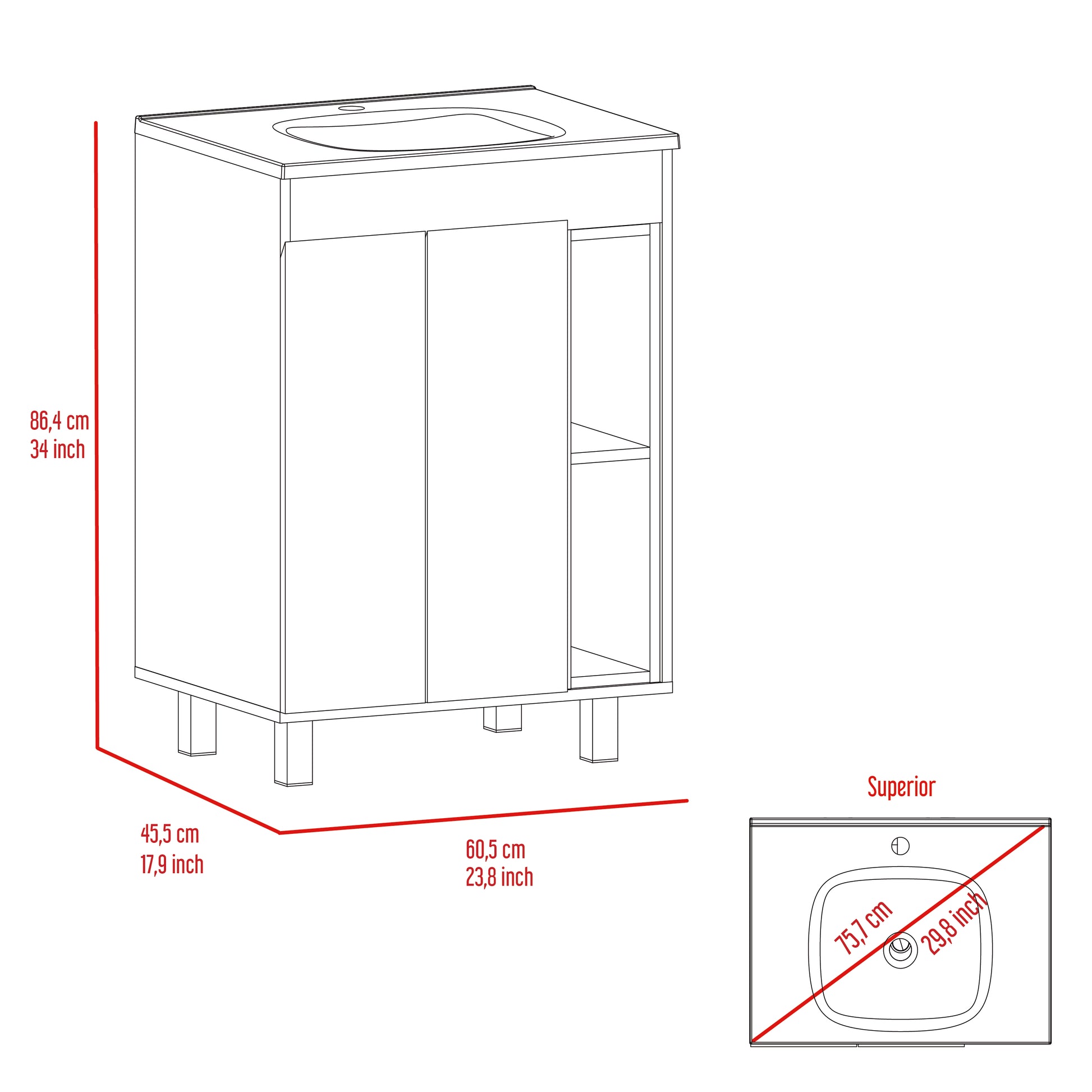 White 2 Shelf Rectangle Freestanding Vanity Cabinet White Particle Board