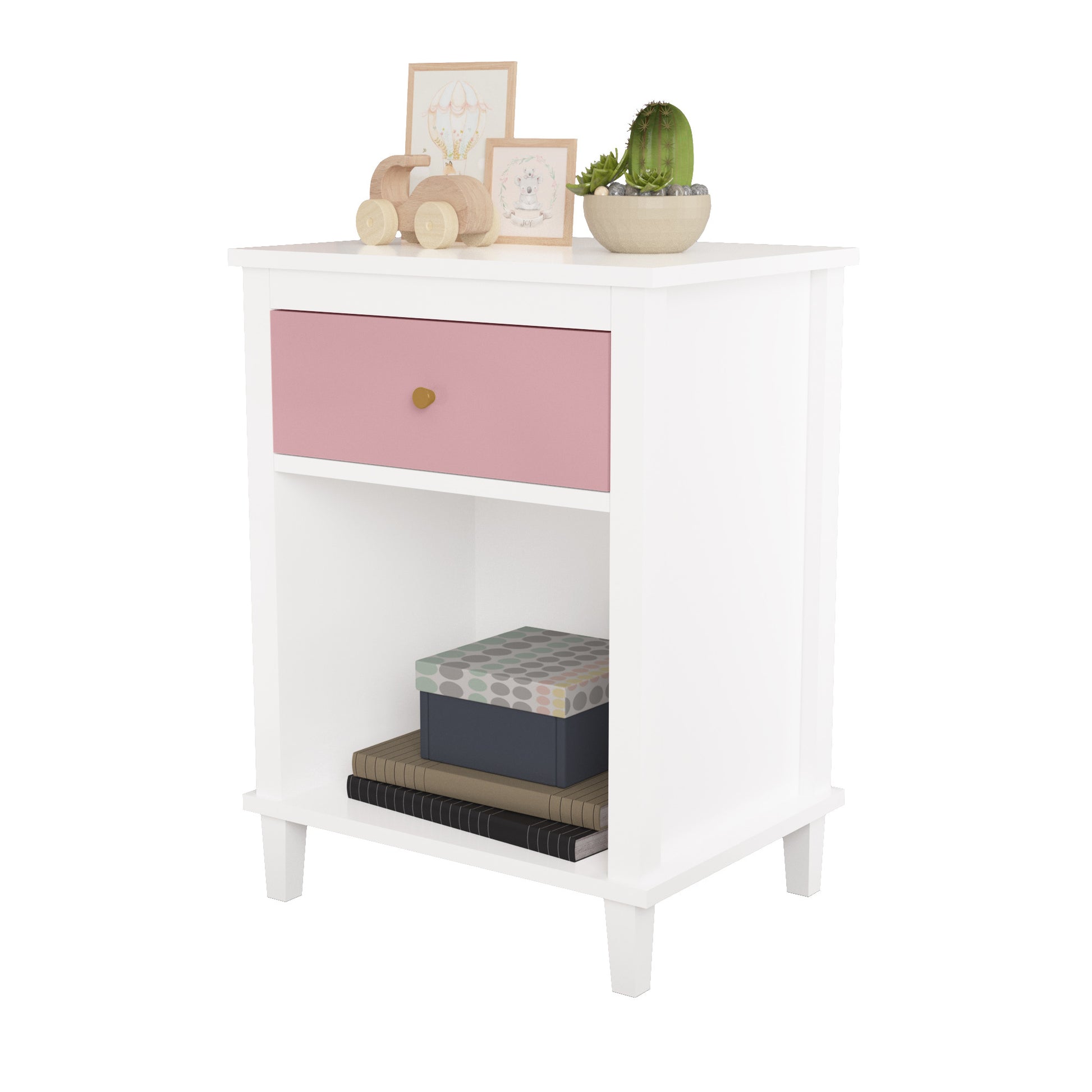 26.77''H Wooden Nightstand With One Drawer One Shelf For Kids, Adults, Pink Pink Mdf