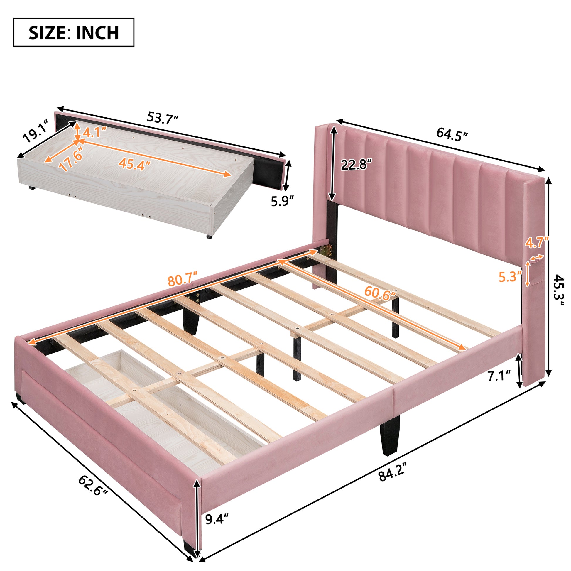 Queen Size Storage Bed Velvet Upholstered Platform Bed With A Big Drawer Pink Pink Velvet