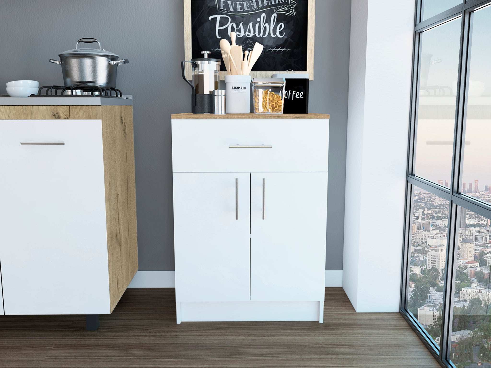 Wilmington 1 Drawer Rectangle Pantry Cabinet White And Light Oak White Particle Board