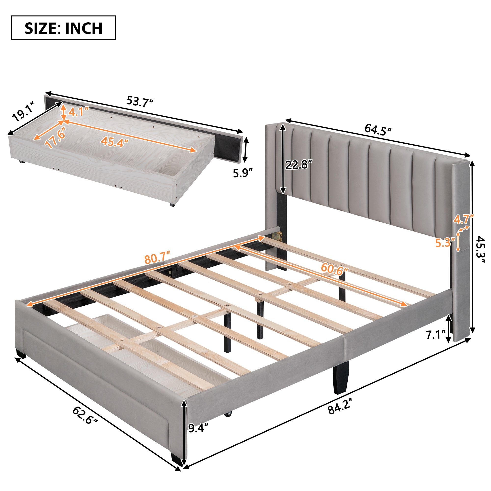 Queen Size Storage Bed Velvet Upholstered Platform Bed gray-velvet