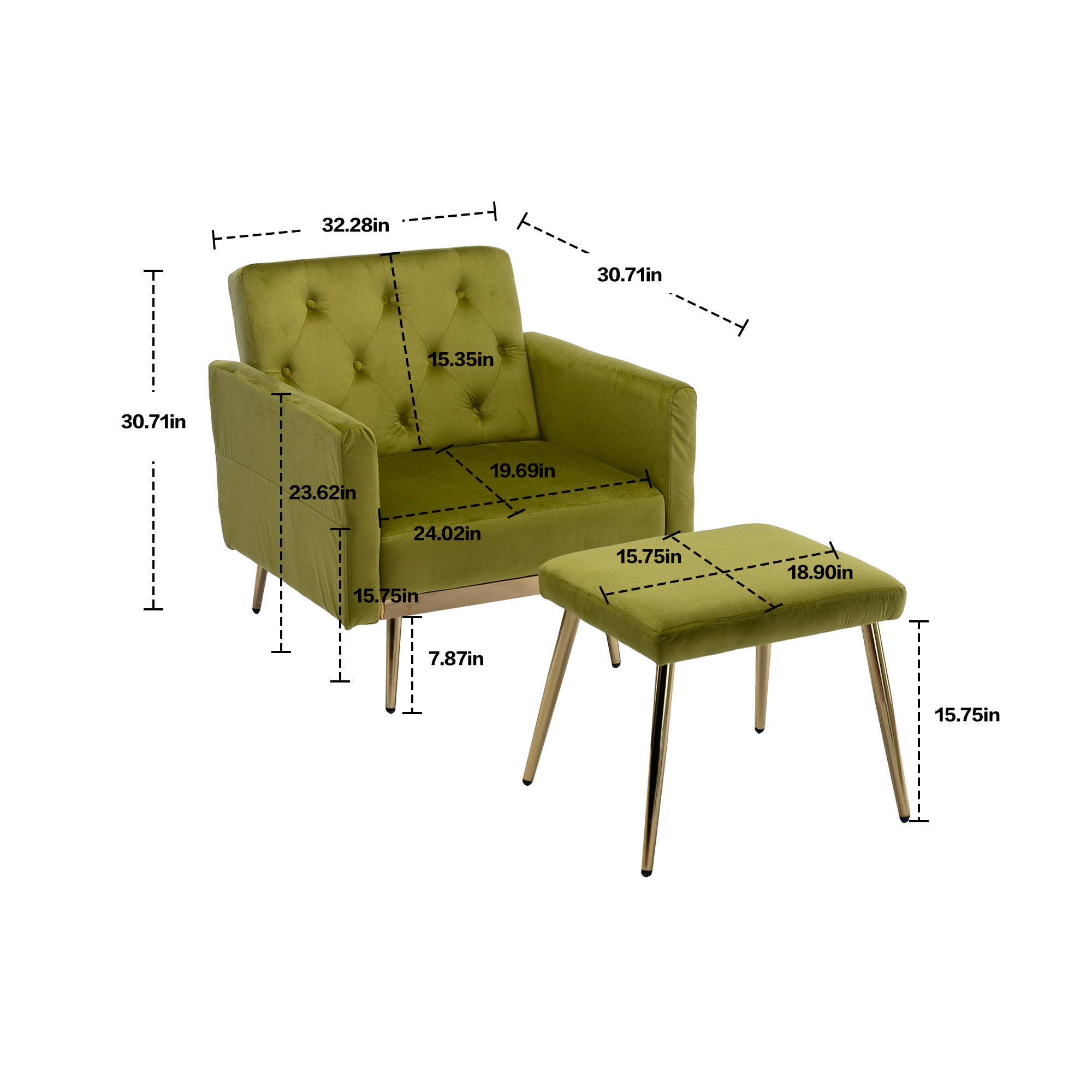 COOLMORE Velvet Accent Chair with Adjustable Armrests olive green-metal