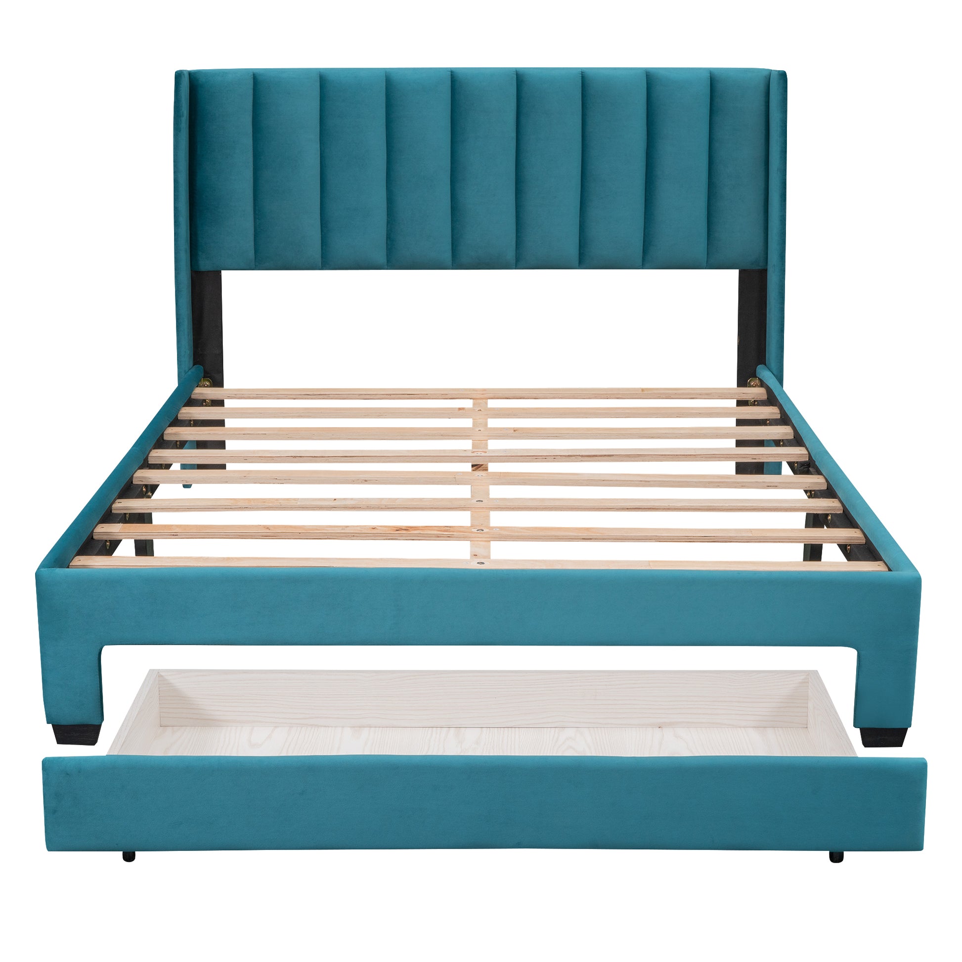 Queen Size Storage Bed Velvet Upholstered Platform Bed With A Big Drawer Blue Blue Velvet