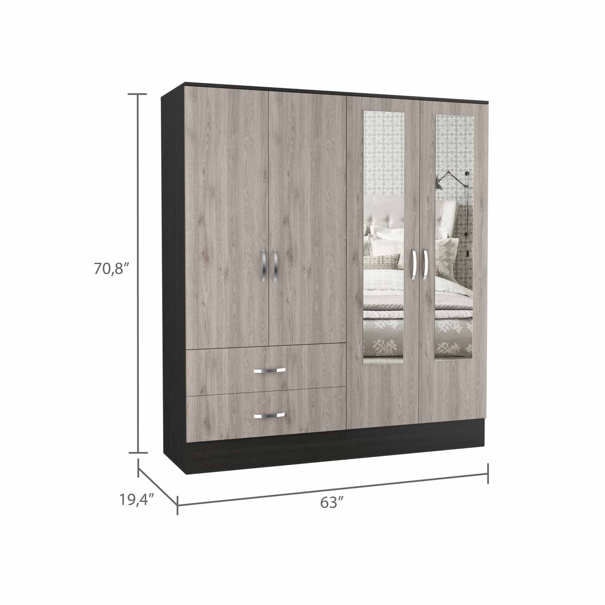 Black Rock 2 Drawer Large Armoire With Mirror Doors Black Wengue And Light Gray Beige Particle Board