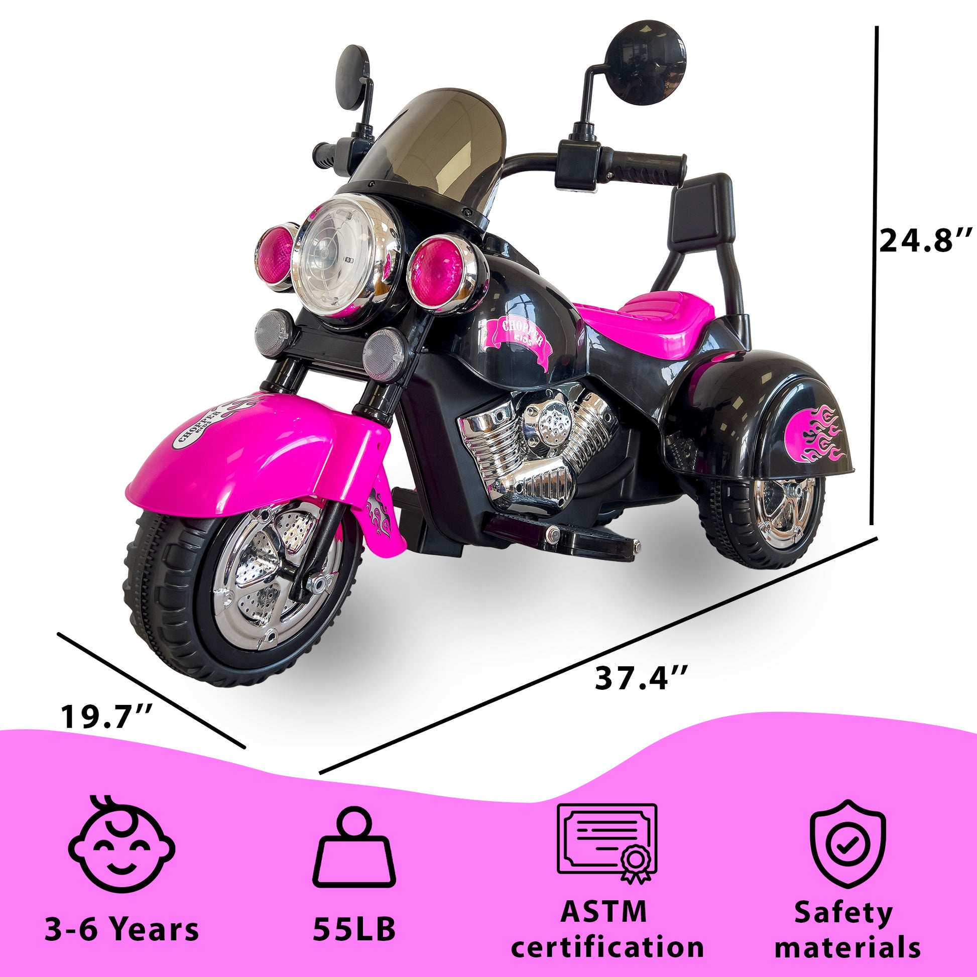 Kids Ride On Motorcycle Toy, 3 Wheel Chopper Motorbike With Led Colorful Headlights Horn, Pink 6V Battery Powered Riding On Electric Harley Motorcycle For Boys Girls Pink Polypropylene