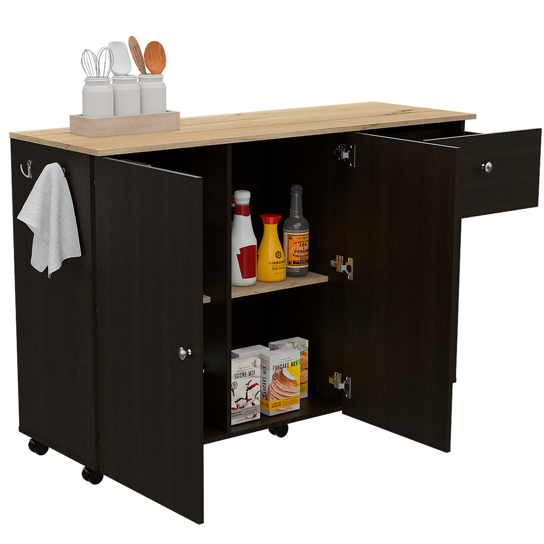 Sayville 2 Drawer 2 Shelf Kitchen Island Black Wengue Black Particle Board