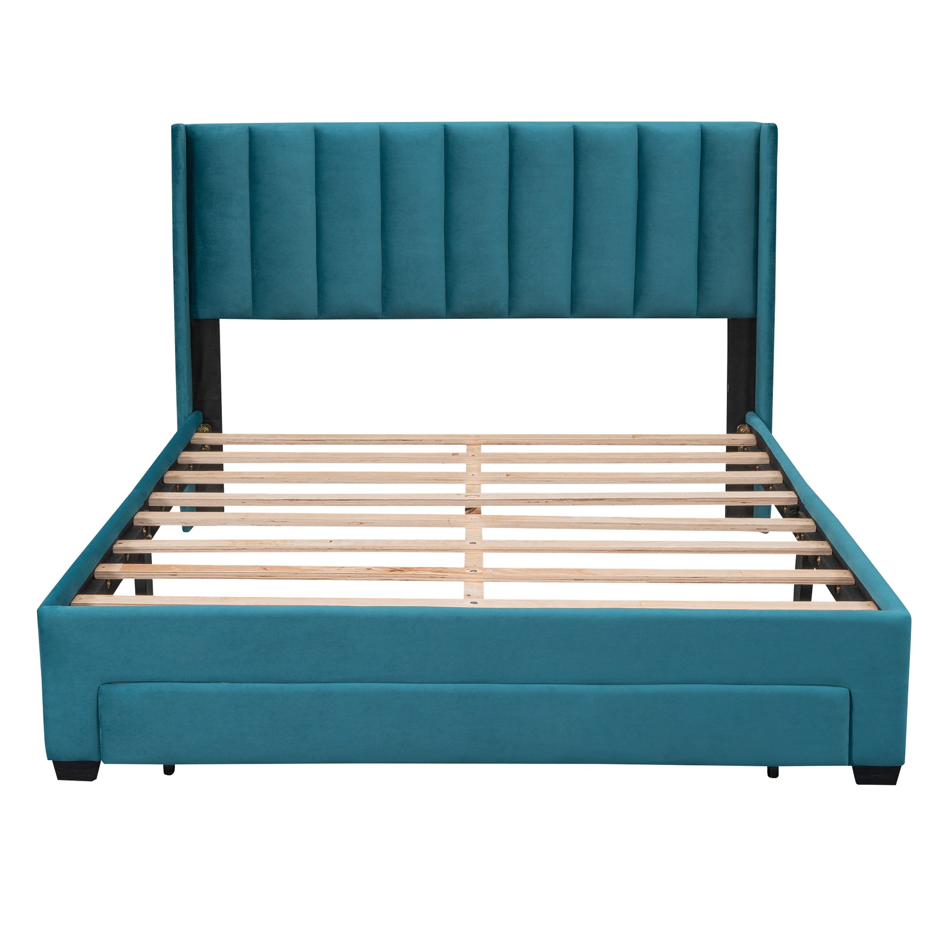 Queen Size Storage Bed Velvet Upholstered Platform Bed With A Big Drawer Blue Blue Velvet