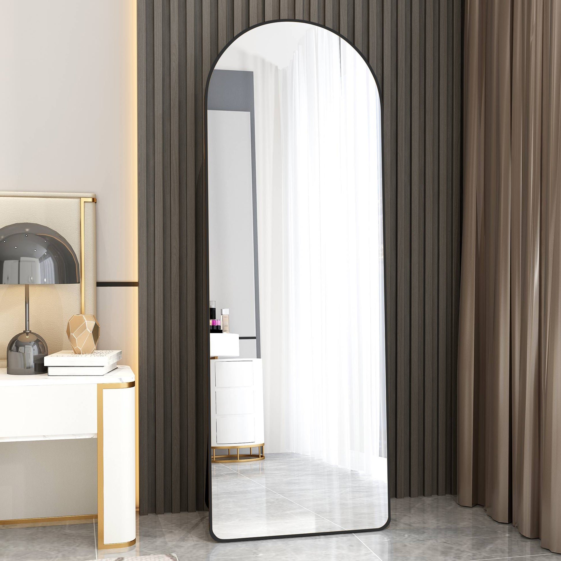 The 4St Generation Of Floor Mounted Full Length Mirrors. Aluminum Alloy Metal Frame Arched Wall Mirror, Bathroom Makeup Mirror, Bedroom Porch, Clothing Store, Wall Mounted. Black 65 "* 23"