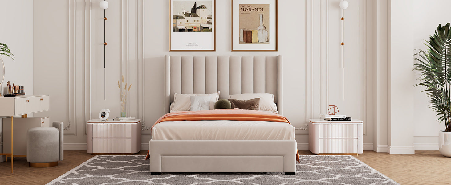 Full Size Storage Bed Velvet Upholstered Platform Bed beige-velvet