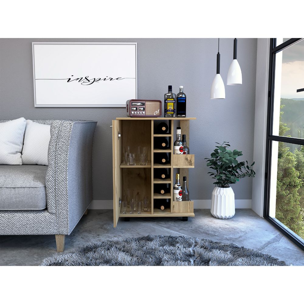 Bartlet 2 Shelf 6 Bottle Bar Cart With Division Light Oak Light Oak Particle Board