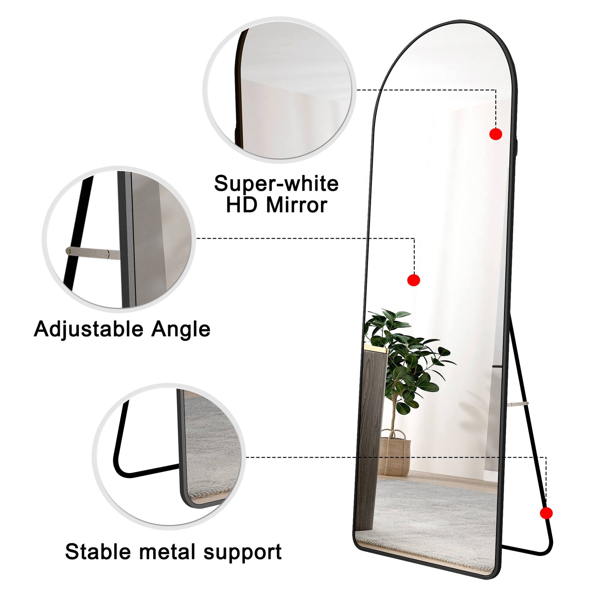 The 3St Generation Of Floor Mounted Full Length Mirrors. Aluminum Alloy Metal Frame Arched Wall Mirror, Bathroom Makeup Mirror, Bedroom Porch, Clothing Store, Wall Mounted. Black 65 "* 23" W1151109084 Black Glass