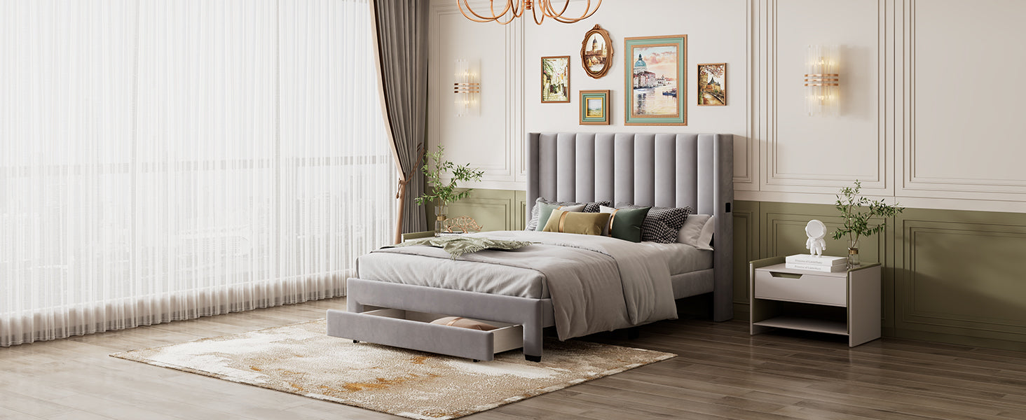 Queen Size Storage Bed Velvet Upholstered Platform Bed gray-velvet