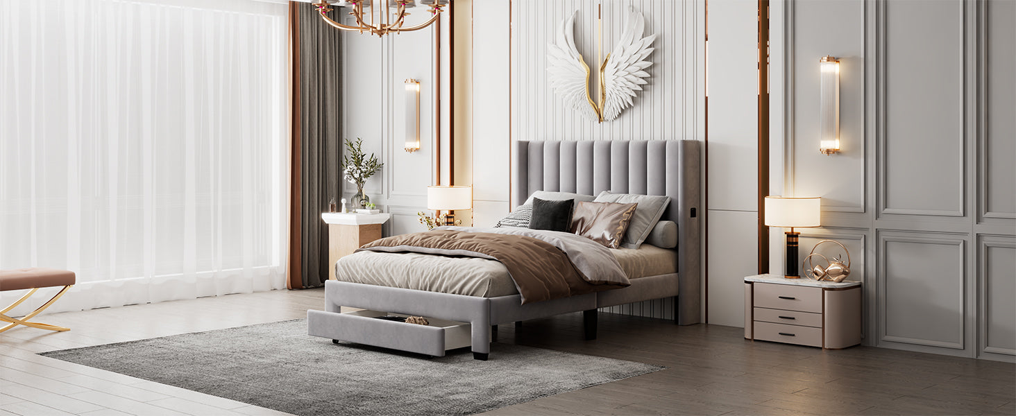 Full Size Storage Bed Velvet Upholstered Platform Bed gray-velvet