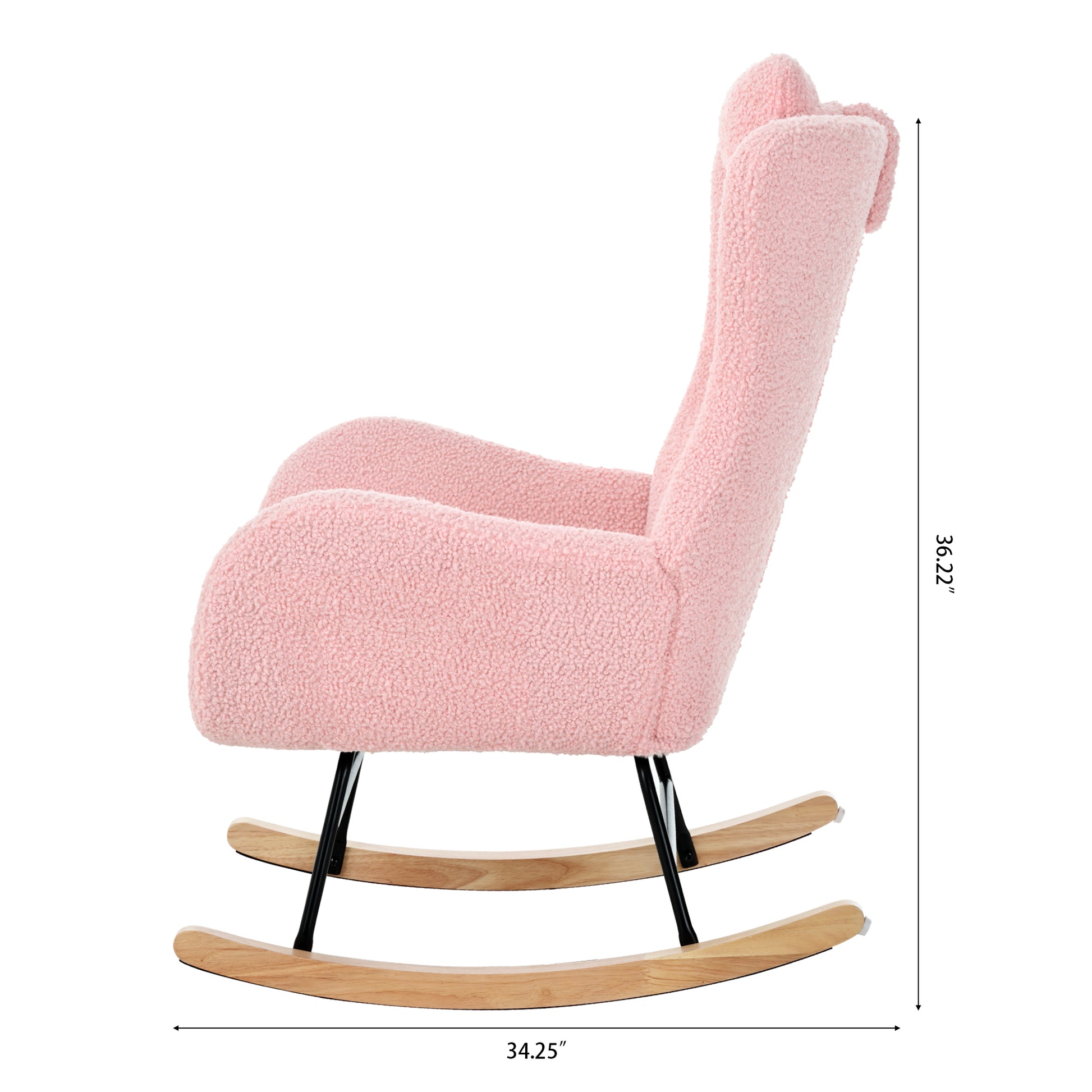 Rocking Chair Nursery, Teddy Upholstered Rocker Glider Chair With High Backrest, Adjustable Headrest & Pocket, Comfy Glider Chair For Nursery, Bedroom, Living Room, Offices, Rubber Wood, Pink Pink Polyester