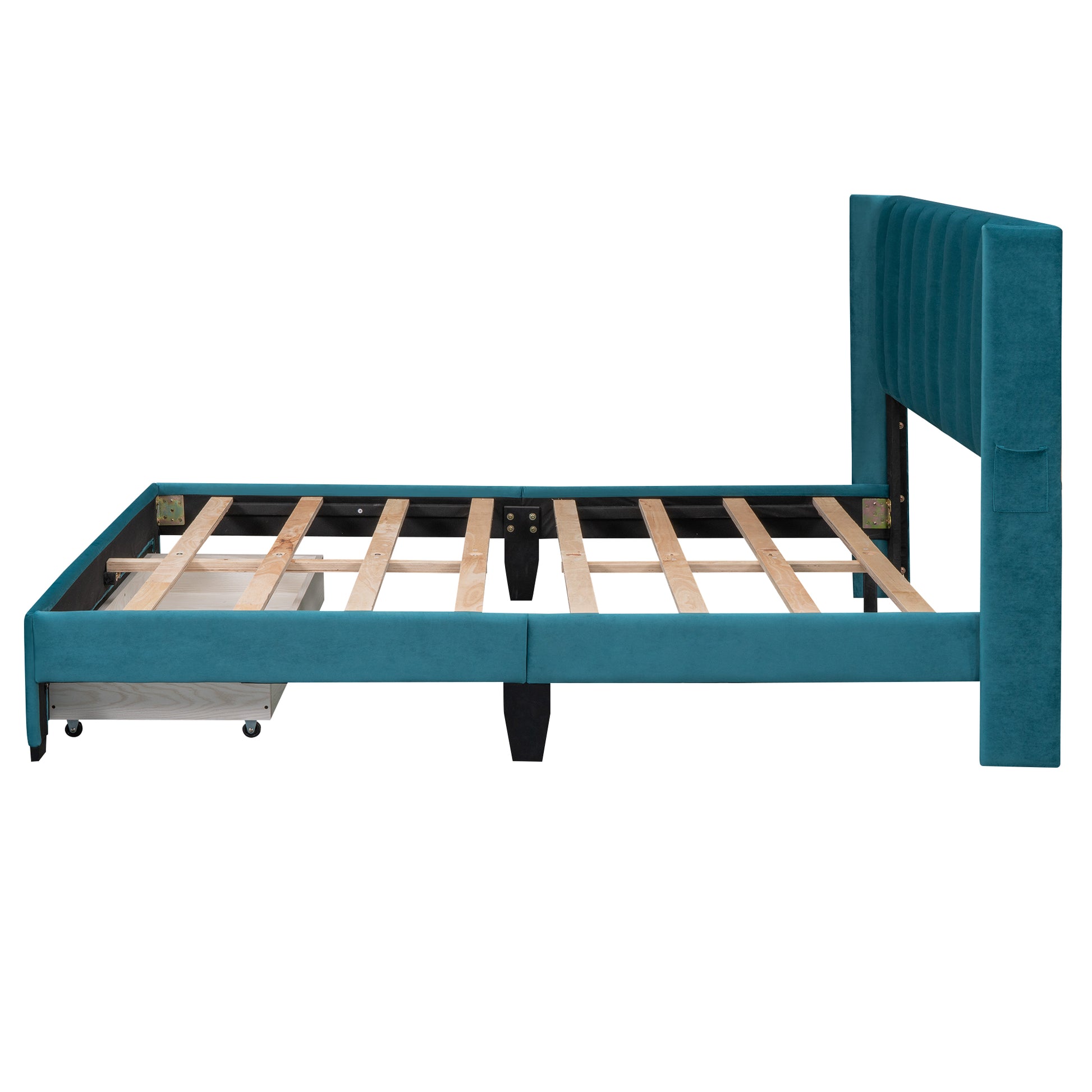 Queen Size Storage Bed Velvet Upholstered Platform Bed With A Big Drawer Blue Blue Velvet