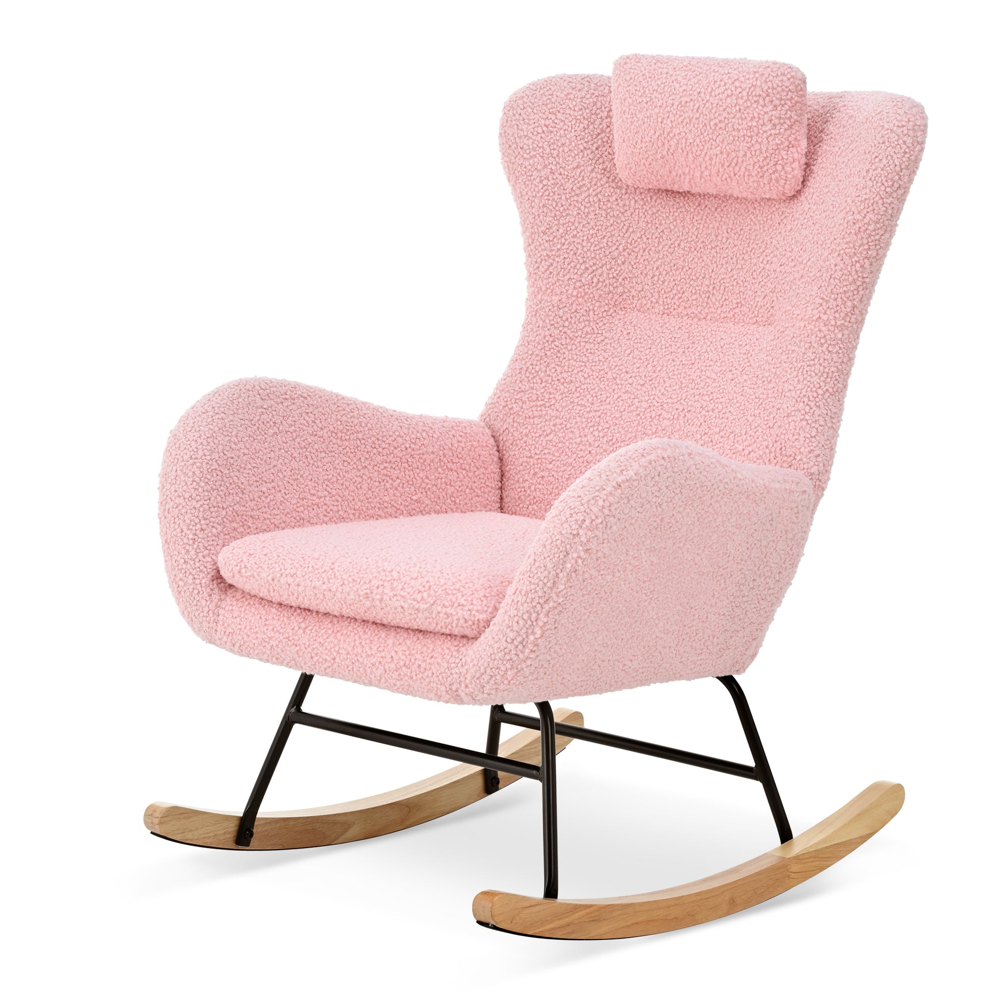 Rocking Chair Nursery, Teddy Upholstered Rocker Glider Chair With High Backrest, Adjustable Headrest & Pocket, Comfy Glider Chair For Nursery, Bedroom, Living Room, Offices, Rubber Wood, Pink Pink Polyester